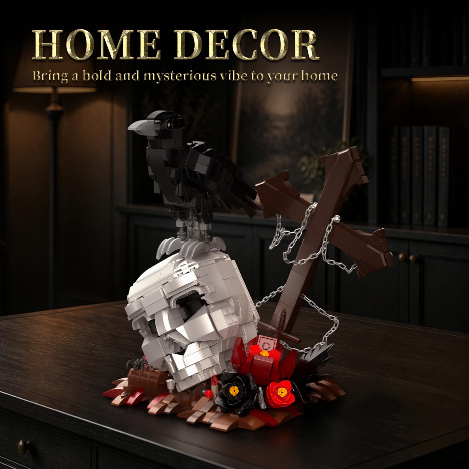 Vziimo Skull & Tiere Bausteine, Gothic Blume und Tier Klemmbausteine, Halloween Deko Modell mit Spider und Vogel, MOC Creator Geschenk für Erwachsene ab 15+, 1237 Teile