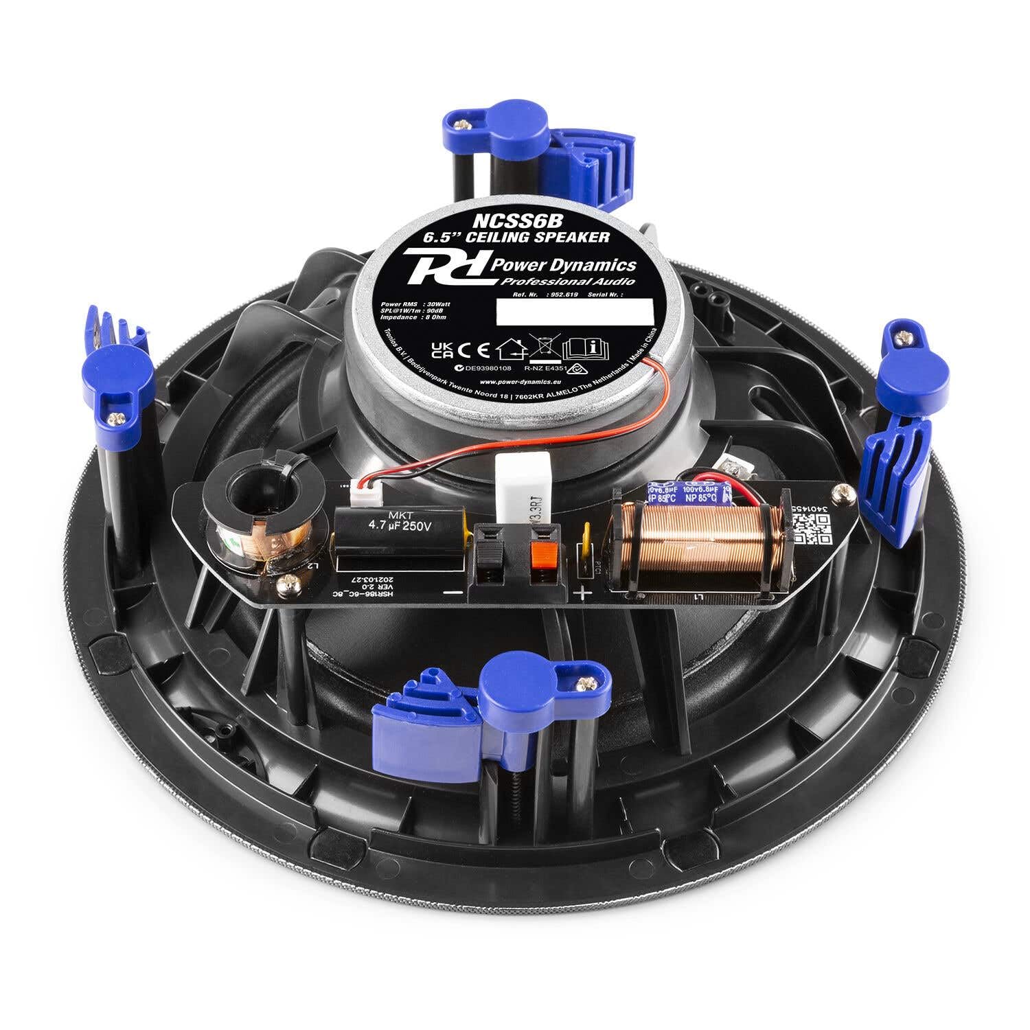Power Dynamics Conjunto A100W con Amplificador Blanco táctil y 4 Altavoces de Techo Negros de 6,5” 2 vías, Bluetooth 5.0, Reproductor MP3 USB/microSD, 4x20W Clase D