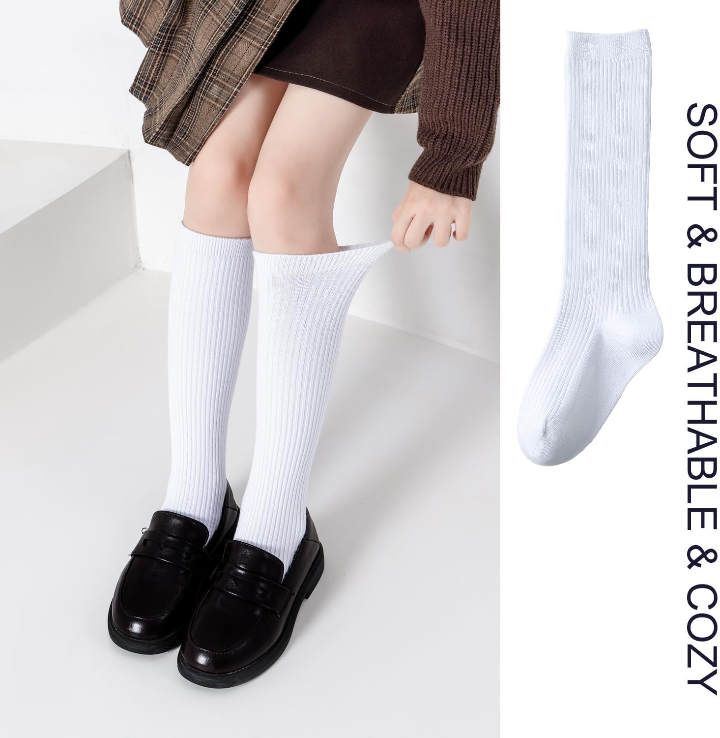 EPEIUS Knee High Socks for Girls Seamless Cotton School Uniform Socks Boy Ribbed Dress Socks Kids White Long Socks Navy - Image 4