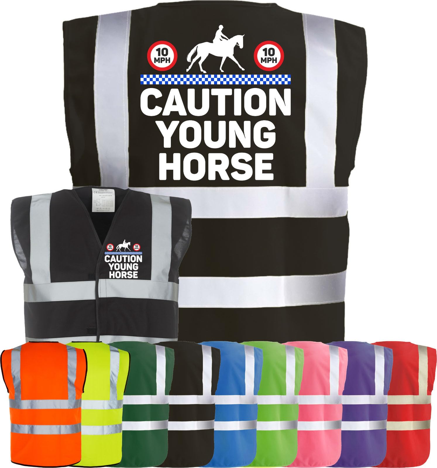 Corporate Togs Equine Hi-Vis CAUTION YOUNG HORSE Equestrian Waistcoat - Safety Vest Tabard, Fastening Vest, British Standard CE Marked | Safety Apparel