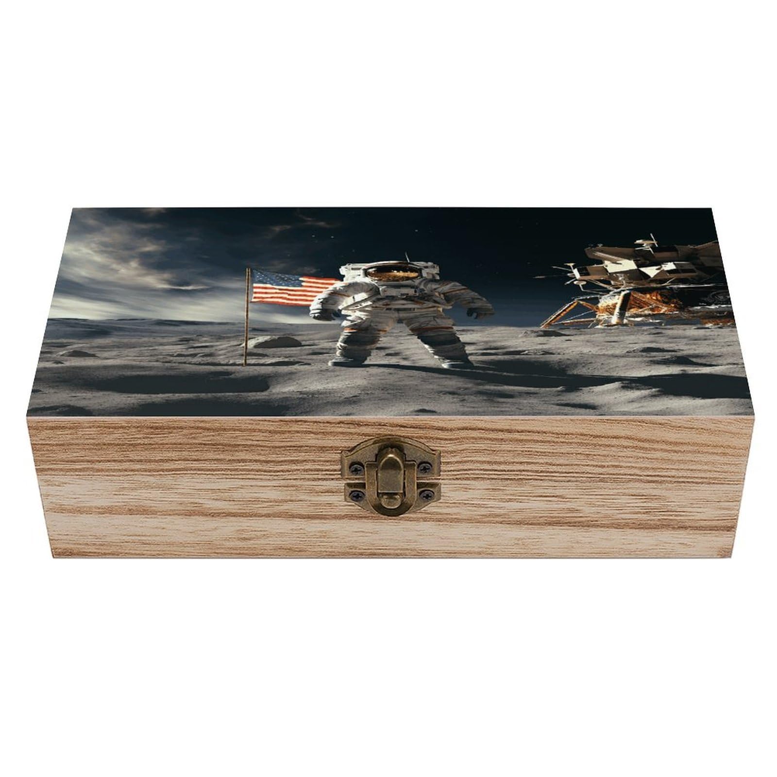 VstaDank Astronaut Landing on The Moon Wooden Storage Box Wooden Keepsake Box with Hinged Lid Exquisite Solid Wood Decorative Jewelry Case Memory Box for Jewelry Photos Letters Crafts Trinkets