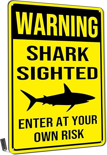 Letreros de lata de advertencia, letrero de metal con texto en inglés Warning Shark Sighted Enter at Your Own Risk para hombres y mujeres,