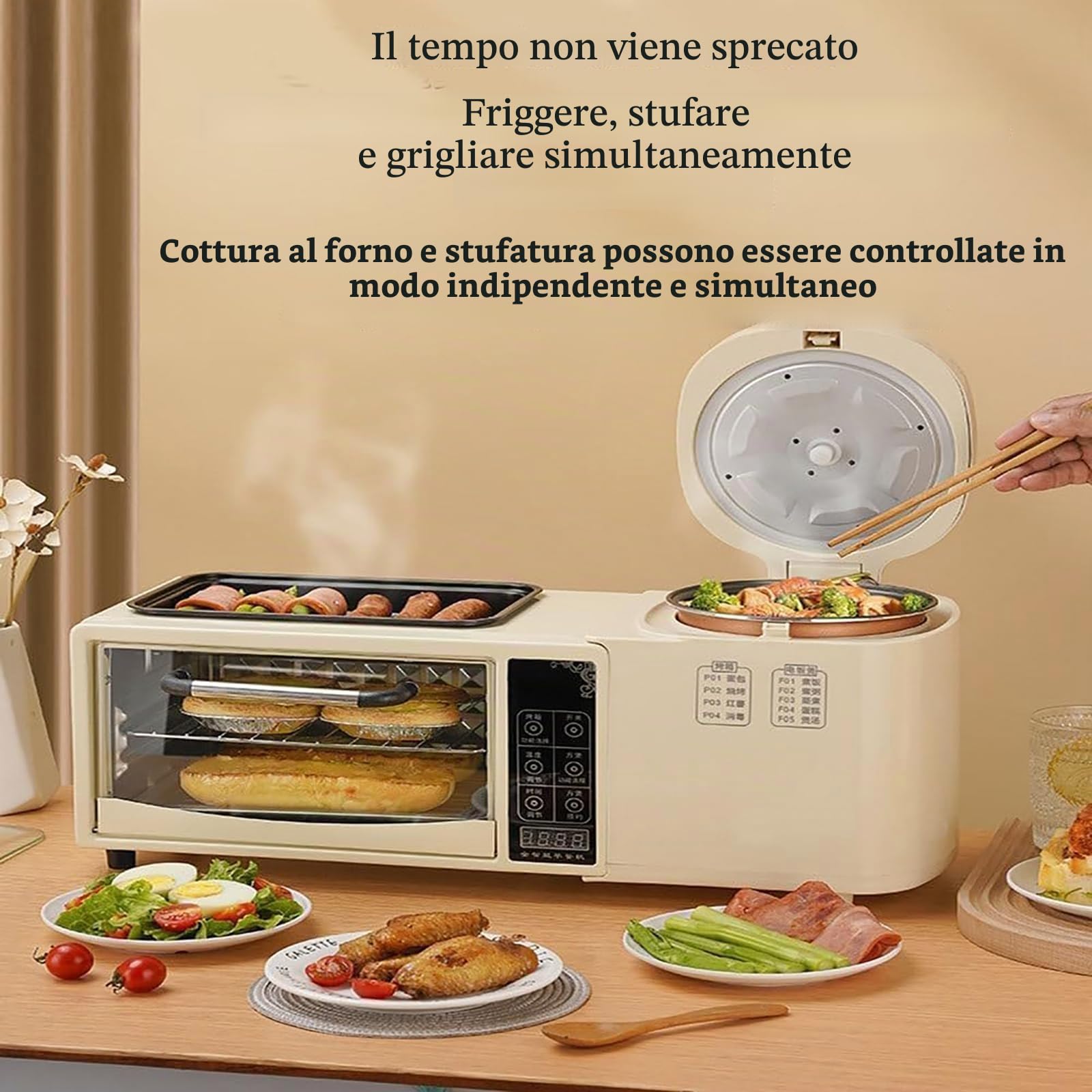 Creatore di Colazione Multifunzione, Stazione per la Colazione con pentola da Cucina 1L, Touch Screen HD, Controllo a Temperatura Indipendente a 2 Strati, fripano Antiaderente,