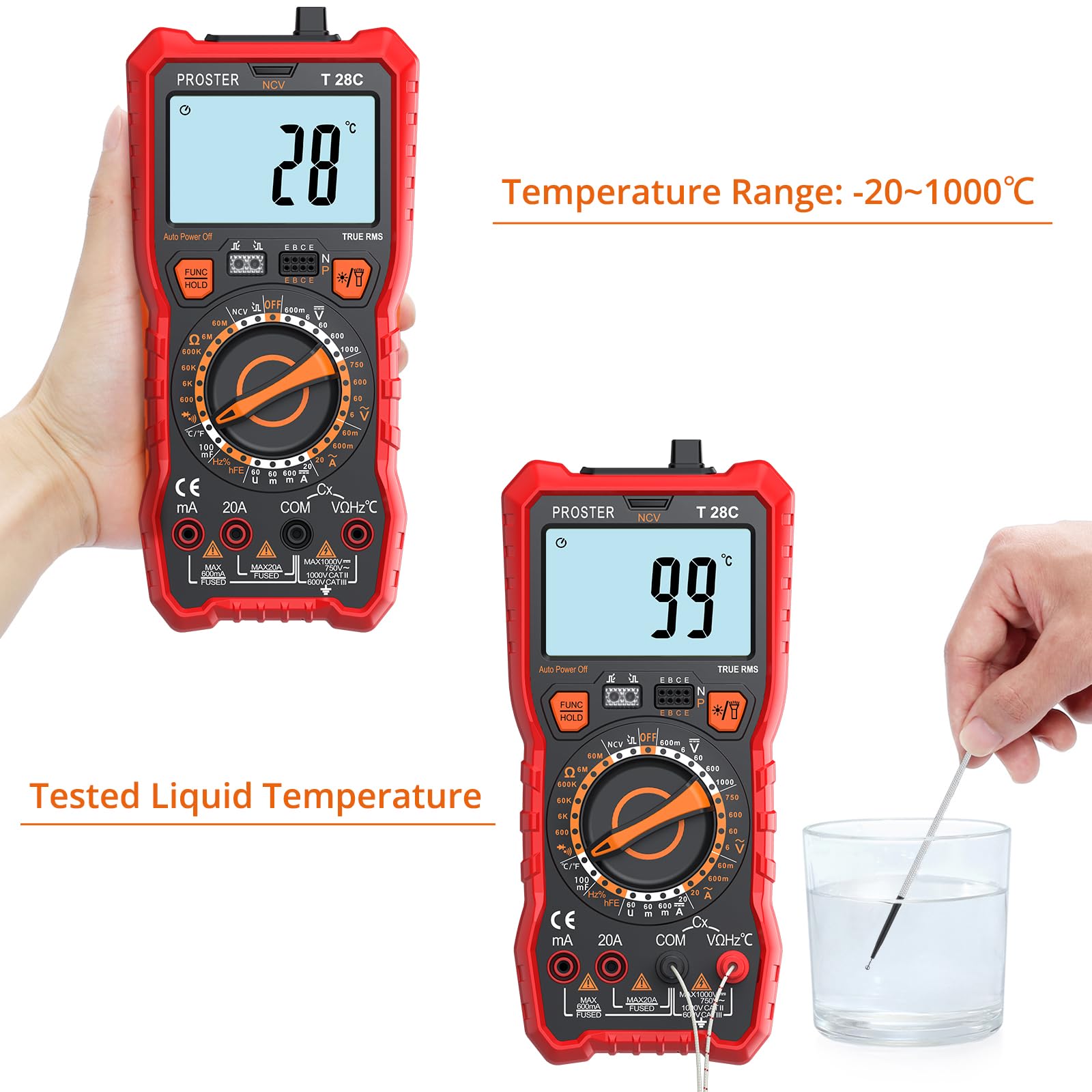 Proster Multimetro Digitale 6000 conti 20A 1000V TRMS Manuale Intervallo NCV Tensione CA/CC Corrente Resistenza Capacità Frequenza Diodo Continuità HFE Infrarossi con Magnete e Supporto