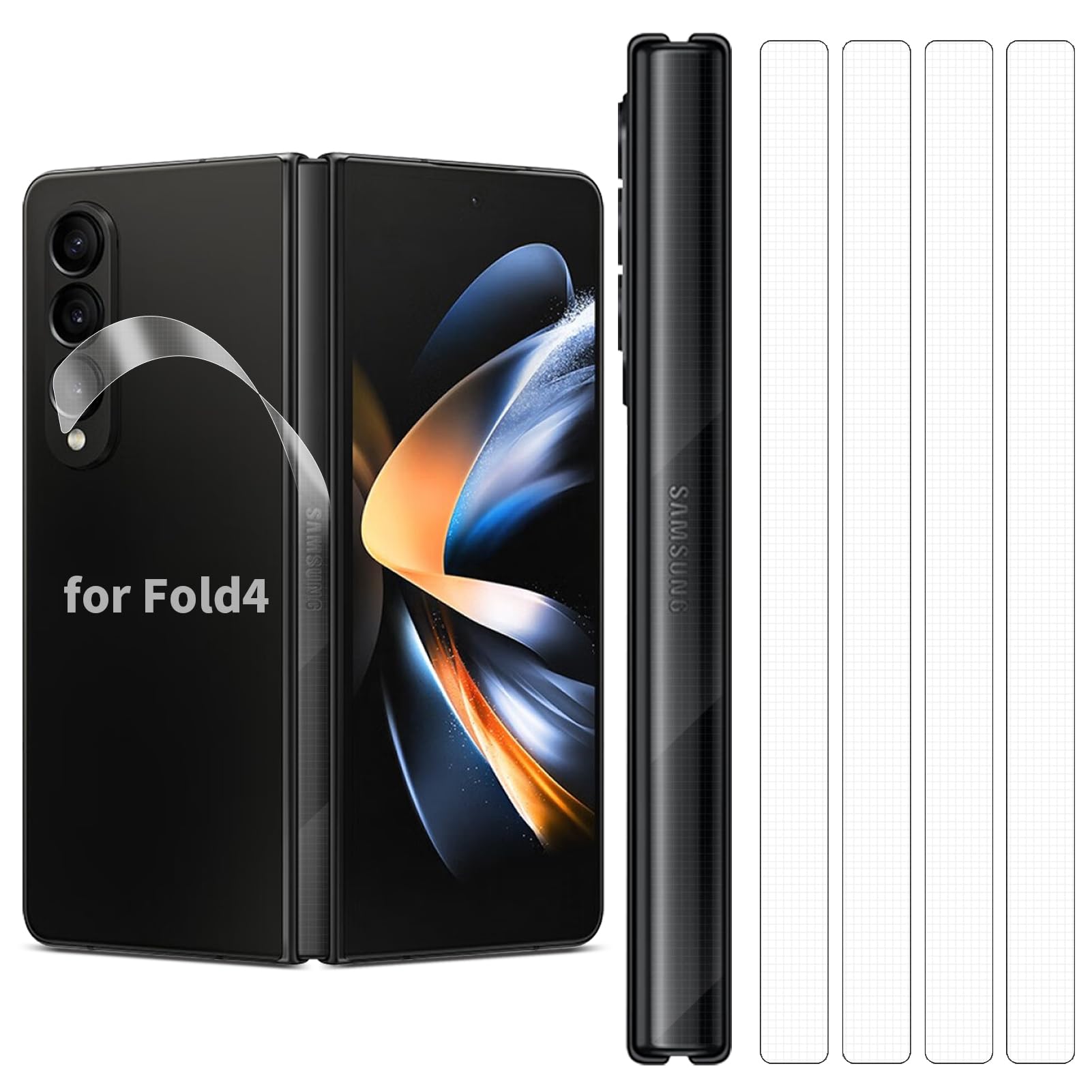 4 Pack for Samsung Galaxy Z Fold 4 Hinge Protector Skin Wrap Phone Cover Film Sticker Carbon Fiber 3M Flexible PVC Vinyl Thin Decal Protective Film for Side Border HD Clear (Transparency HD Clear)