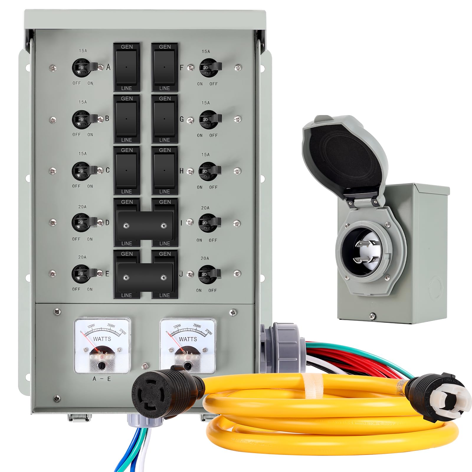 30 Amp Generator Transfer Switch Kit,10-Circuits,7500W,Indoor&Outdoor,NEMA 3R,Include 10 Foot Cord and 30 Amps Inlet Box,Easy to Install ,Generator Transfer Switch 30 amp kit