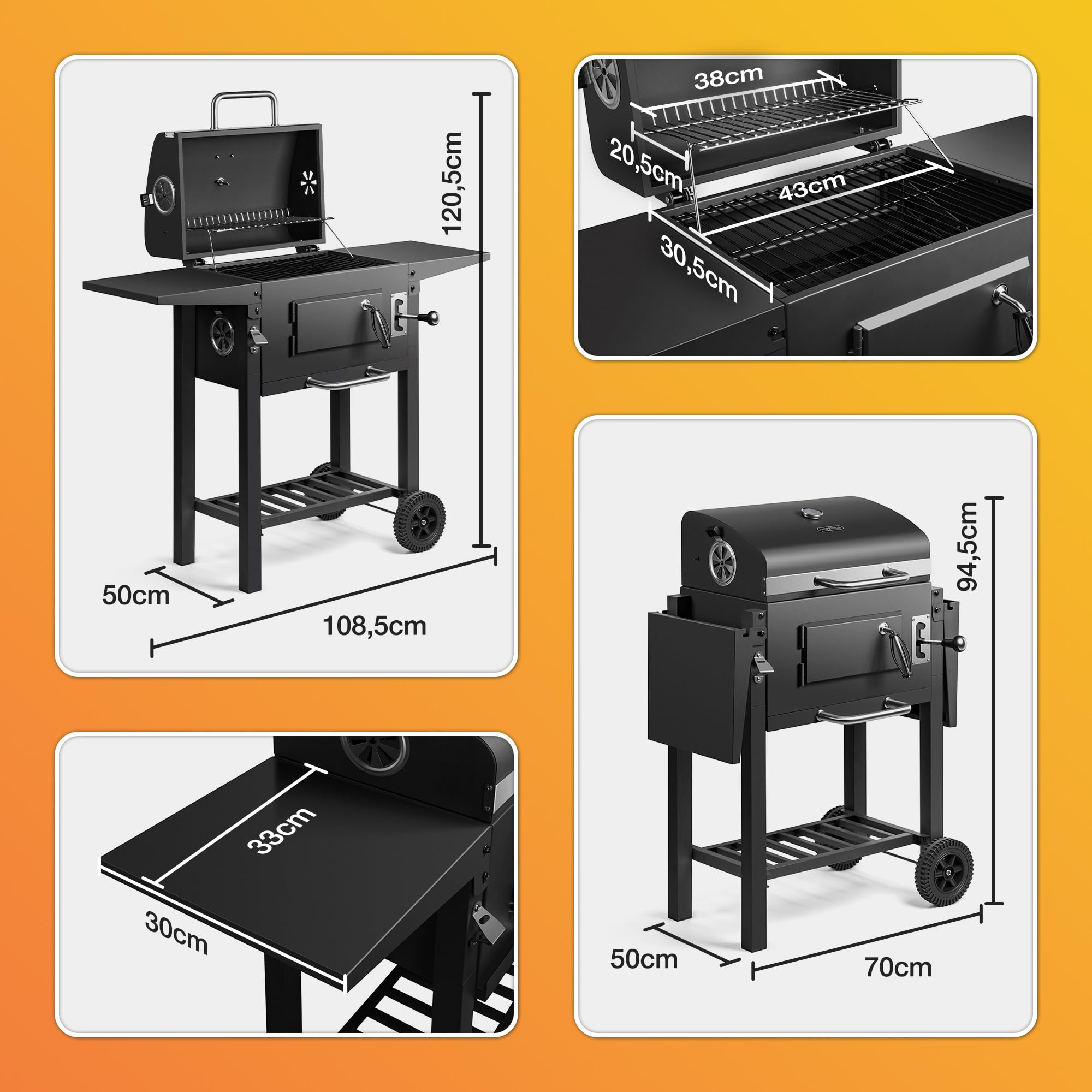 VonHaus Barbecue a Carbone – Barbecue con Griglia Scaldavivande, Altezza Regolabile, Termometro – Portatile, Cassetto Cenere, Ripiano, 2 Tavolini Laterali Pieghevoli, Ruote – Carne, Pesce e Verdure