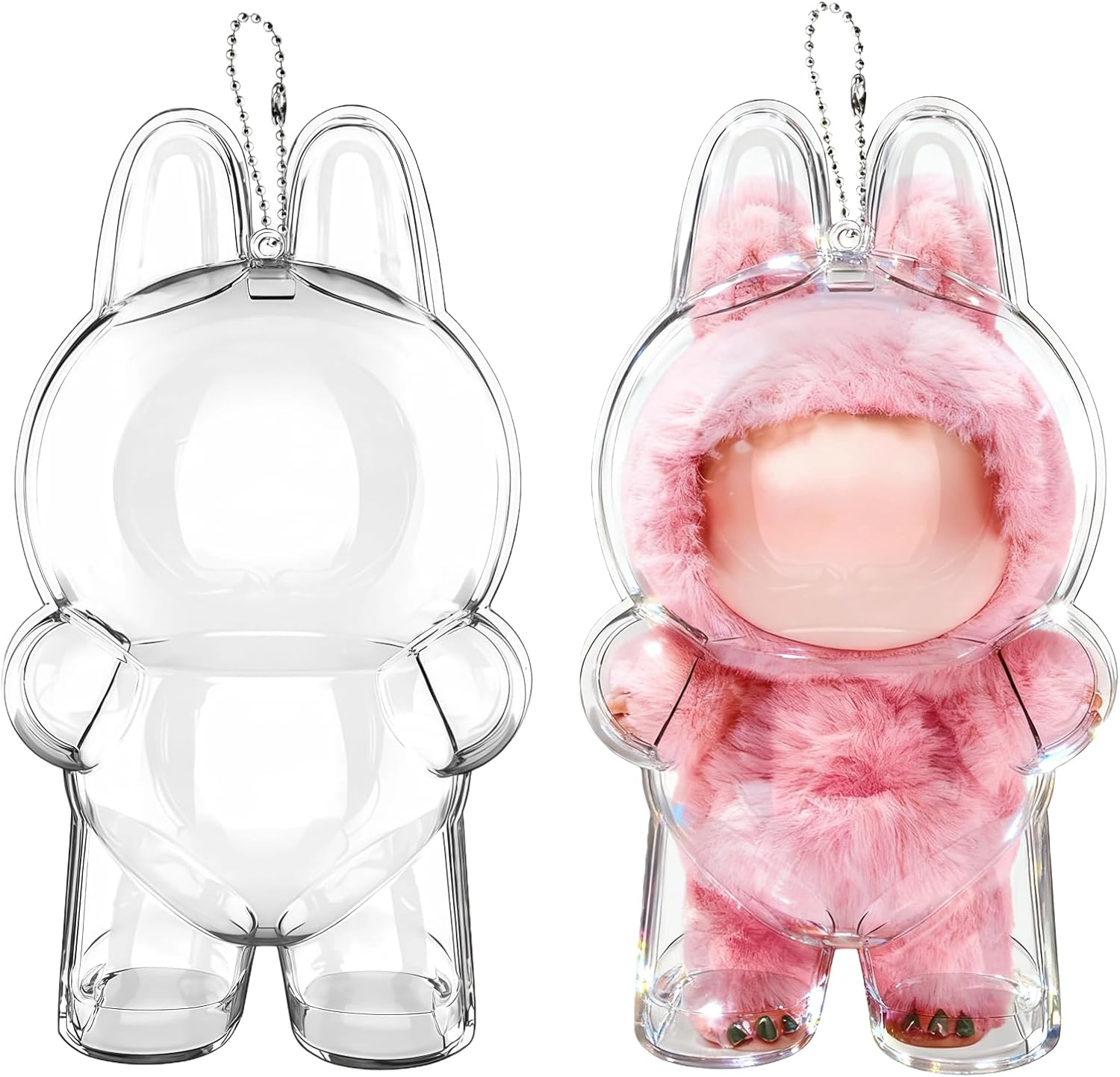 2Pcs Protective Display Case for Labubu The Monsters-Big into Energy, Dustproof Cover with Standing Base, Plastic Carryring Case with Keychain(Doll Not Included)(Standing) 2-Pack Standing