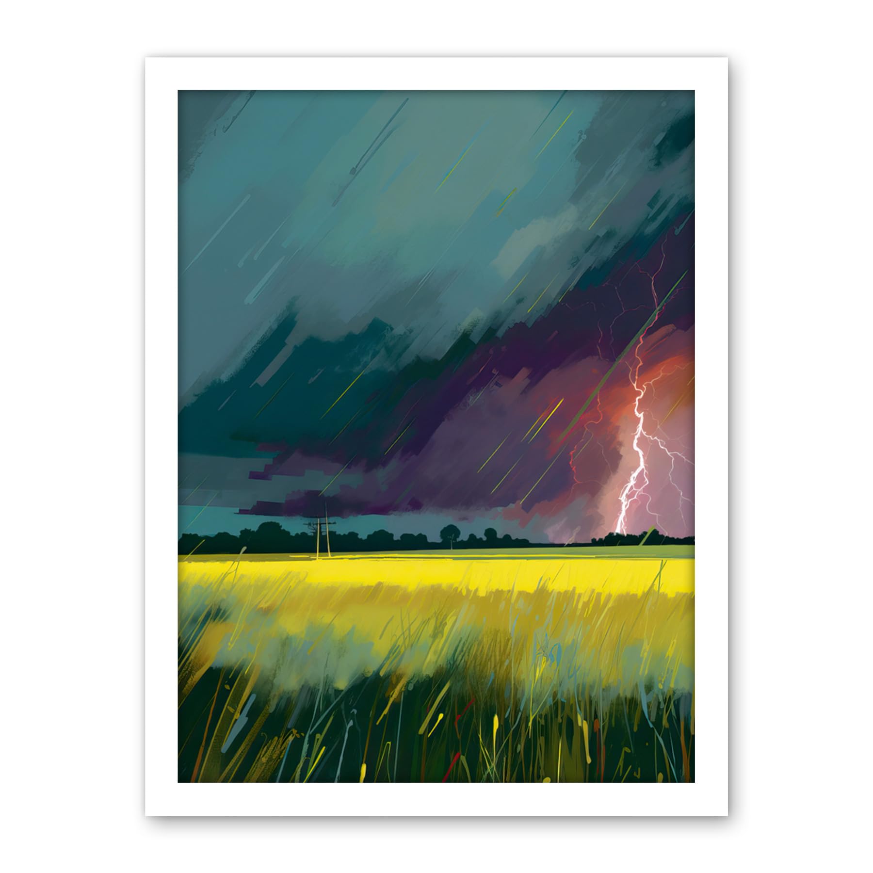 Artery8 Lightning Strike Over an Open Countryside Field Artwork Framed Wall Art Print 18X24 Inch