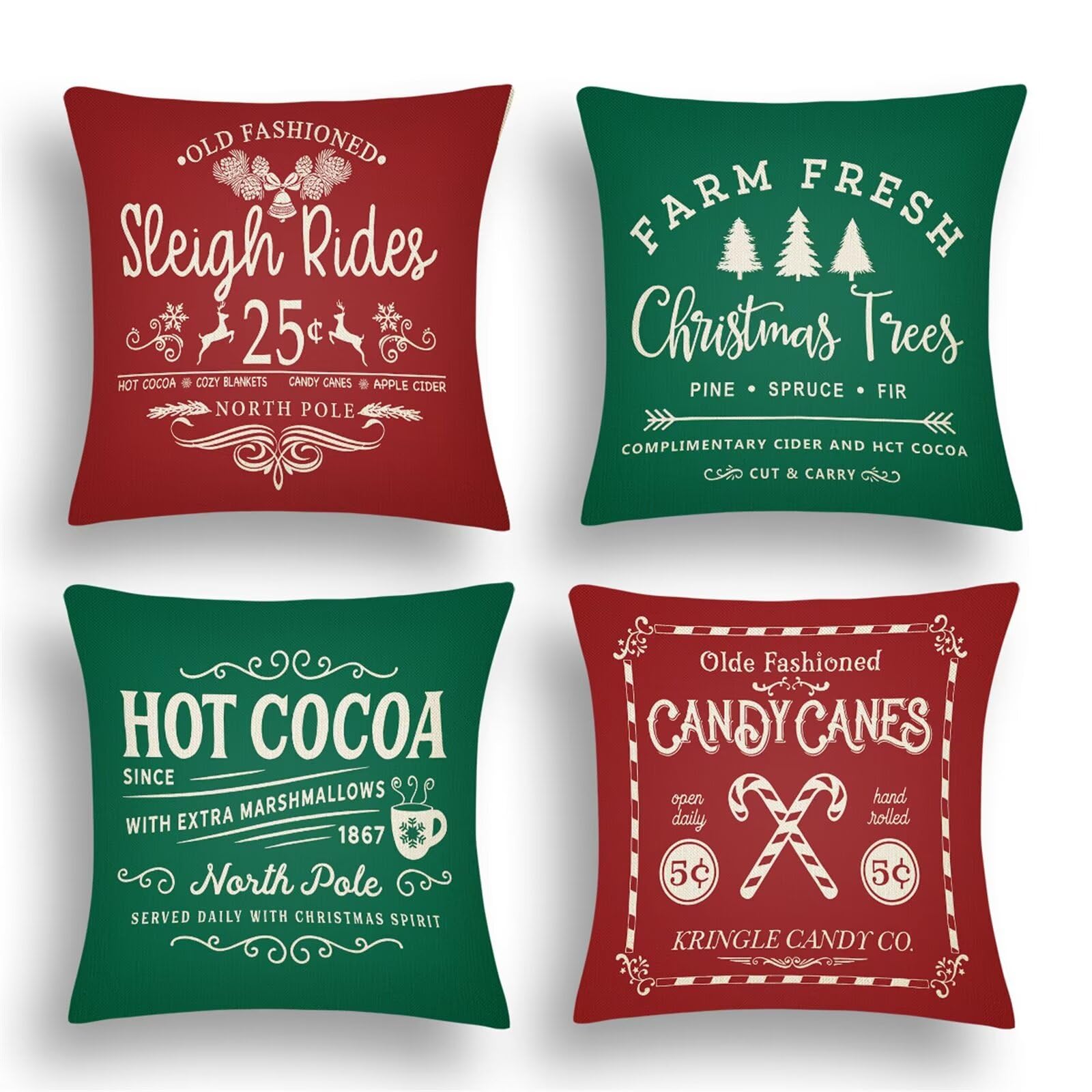 Lot de 4 housses de coussin de Noël lin double face vert 50x50 lavables pour salon