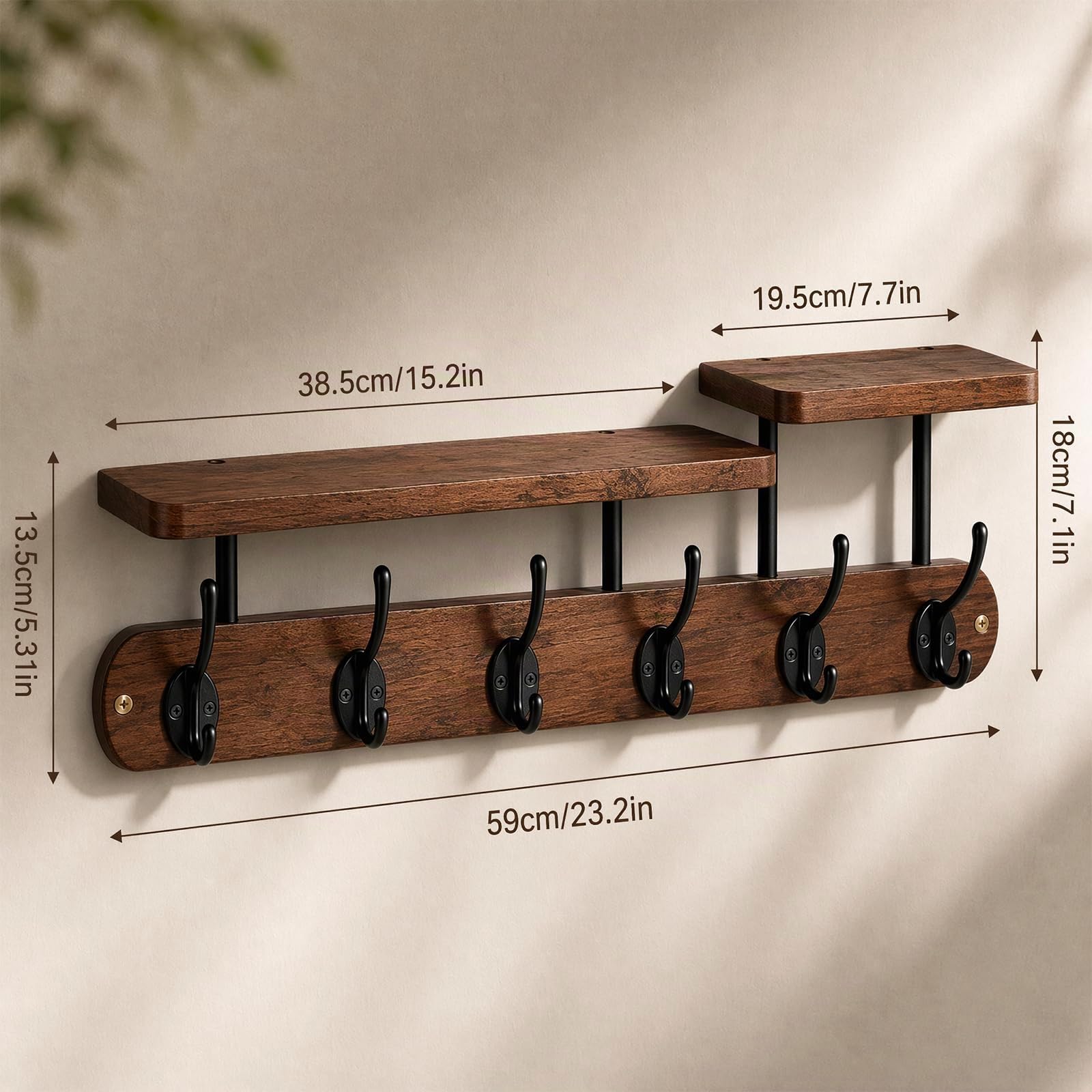 Ganci da parete in legno, attaccapanni da parete 59 * 18 cm con 6 ganci e ripiano, striscia attaccapanni in legno vintage, attaccapannis da parete per ingressi/guardaroba/camere da letto/bagno