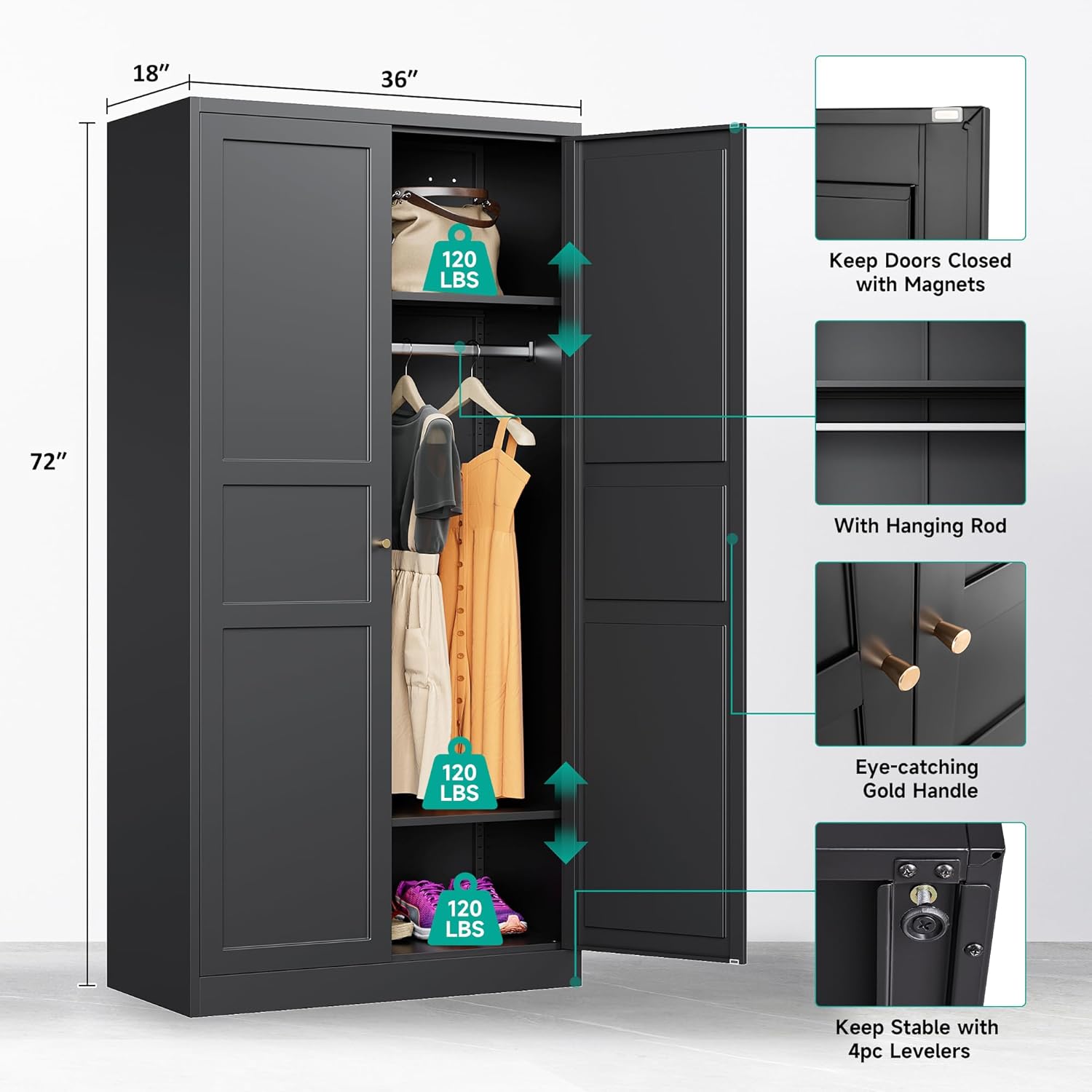 Metal Wardrobe Cabinet,Armoire Wardrobe Closet with doors,Black Metal Clothing Storage Cabinet with Adjustable Shelves and Hanging Rod,72" Cloth Storage Cabinets for Home,Bedroom Armoires,Laundry