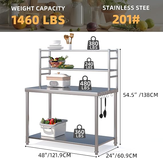 Stainless Steel Table with Shelves, 48x24 Inch Kitchen Prep Table
