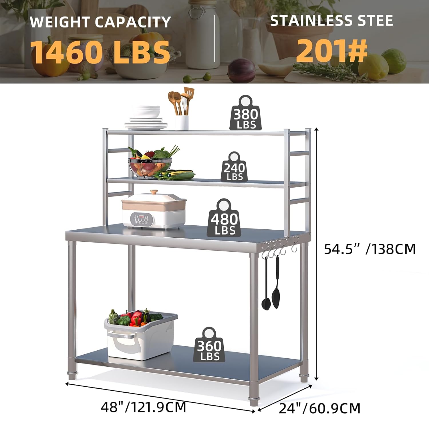 Diagram showing the dimensions and weight capacities of the stainless steel table