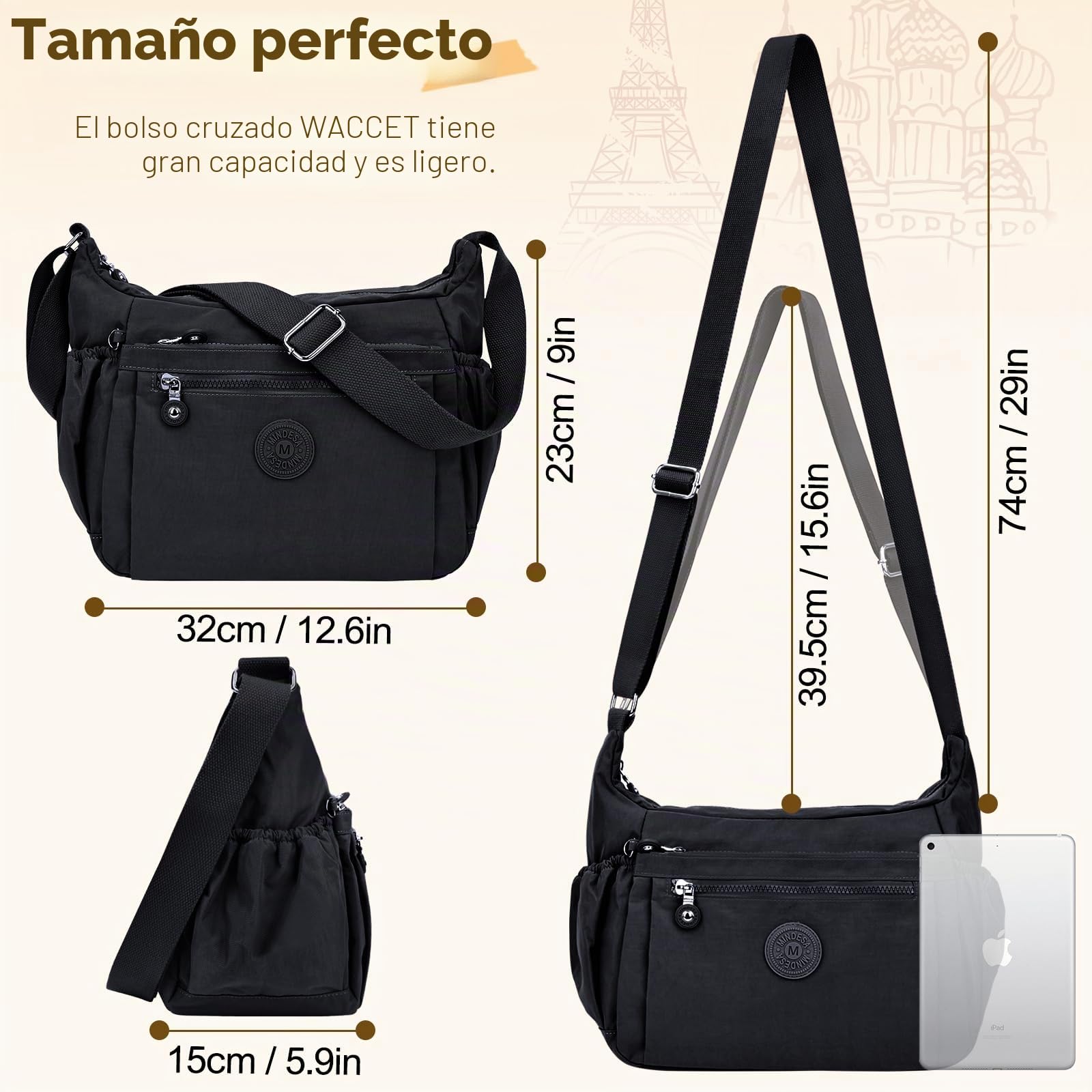 Bolso Bandolera Mujer Grande, Bolso de Hombro Nylon Impermeable con Correa Ajustable Bolsos Bandolera Mujer con Múltiples Bolsillos Bolso Crossbody Mujer Casual Ligero