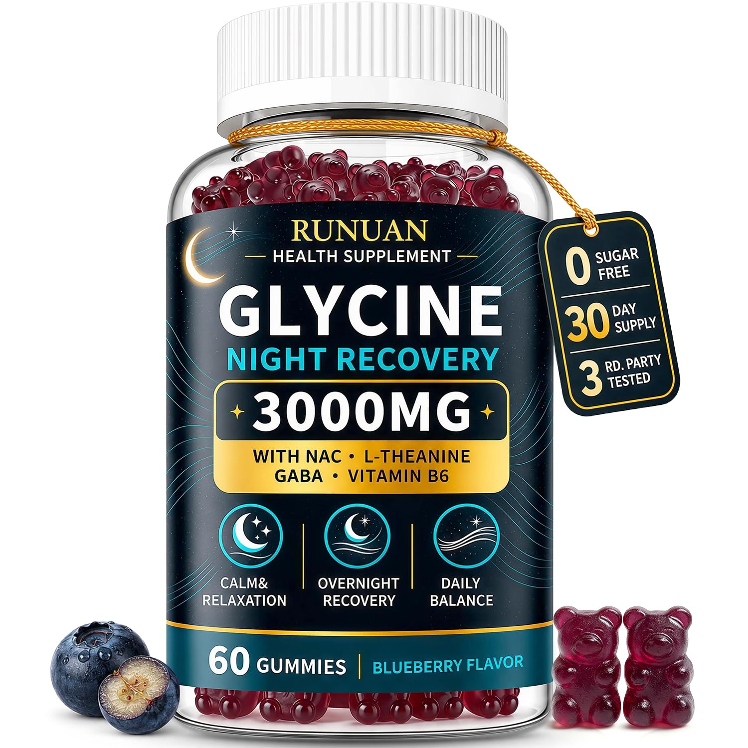 Glycine Gummies 3000mg Sleep Support with NAC, L-Theanine, GABA & B6, 60 Ct