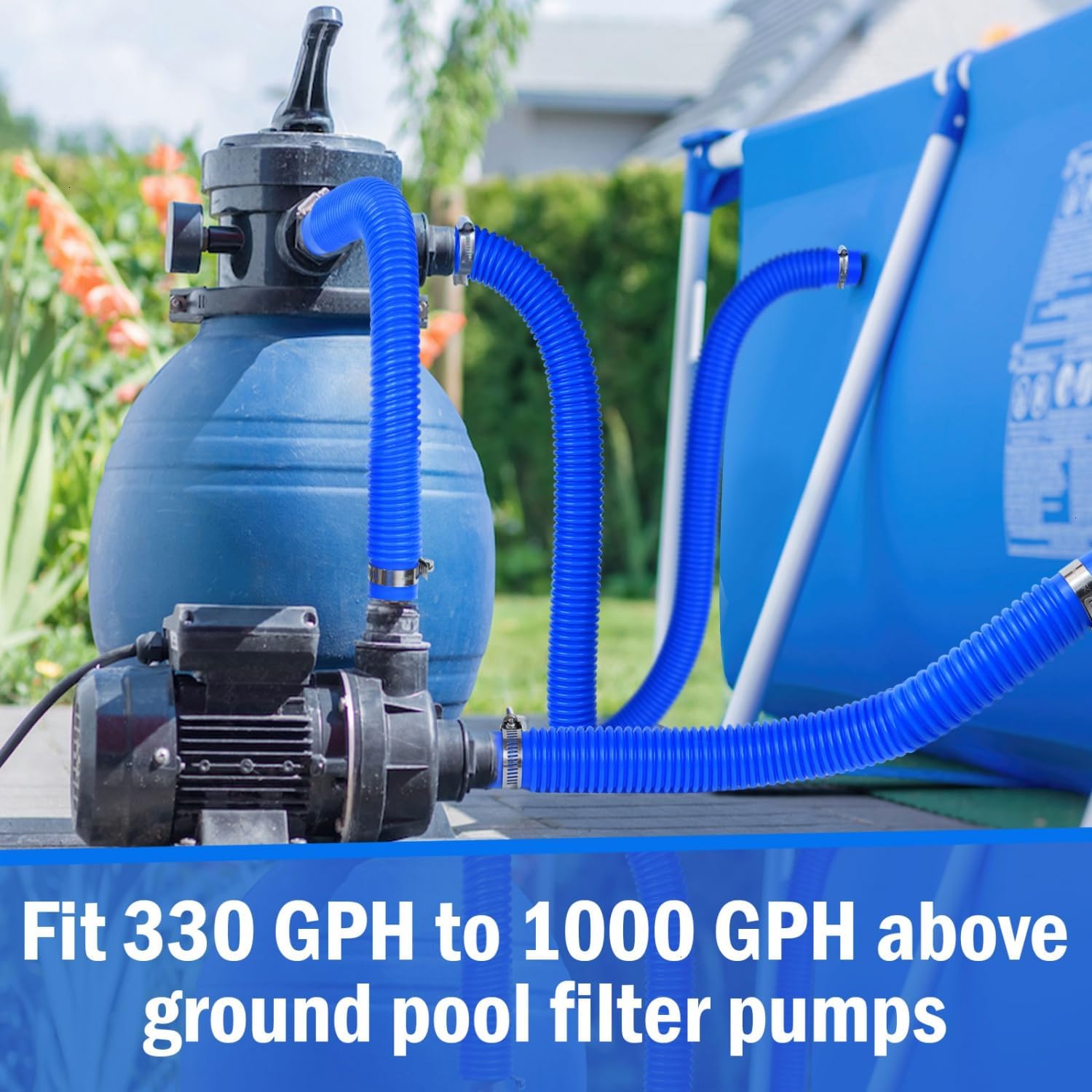 Pool Pump Replacement Hose for Above Ground Pools, 1.25 x 59 Inch Filter Hose, Compatible with Intex Filter Pump 607, 637, 330GPH, 530GPH, 1,000GPH, Includes 8 Metal Clamps, Blue (4 Pack)