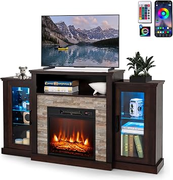 Electric Fireplace TV Stand for TVs Up to 65, Entertainment Center w/ 19 Fireplace Heater, 16-Color LED Lights, 4 Modes, APP & Remote Control, TV Console with Adjustable Shelves Dark Brown