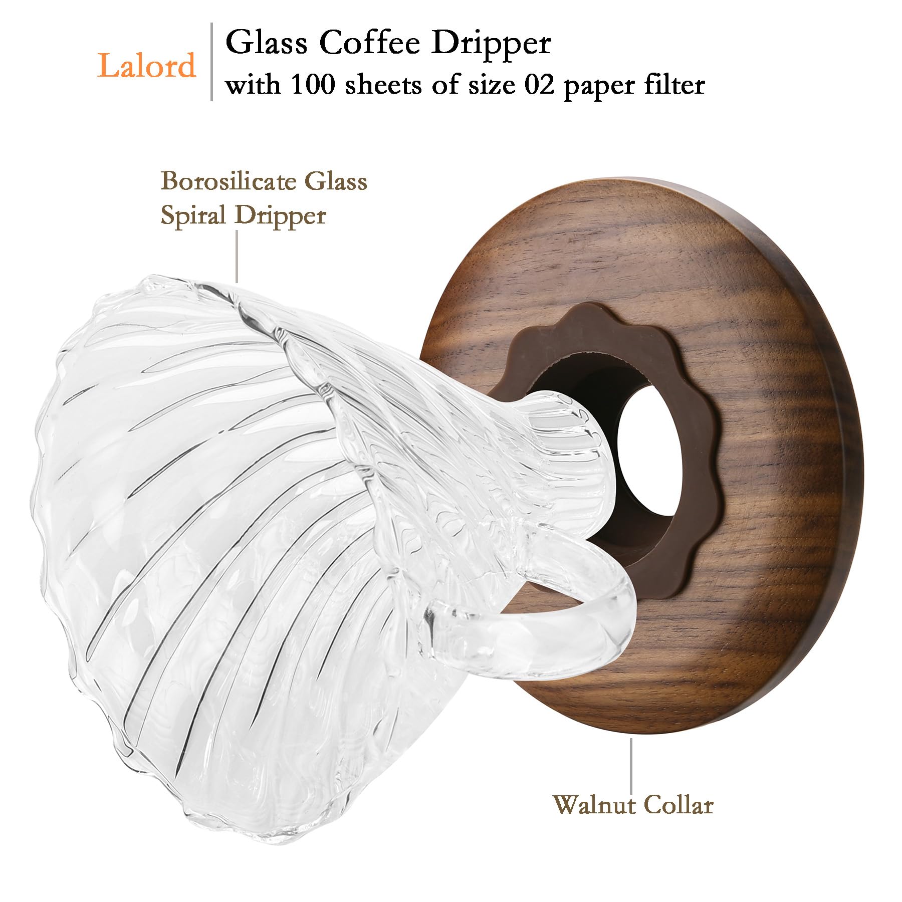 Lalord Dripper di Caffè con 100 Di Carta Filtri, Manico in Noce e Vetro Borosilicato, Gocciolatore per Caffè in Vetro V02, Adatto per 1-4 Tazze