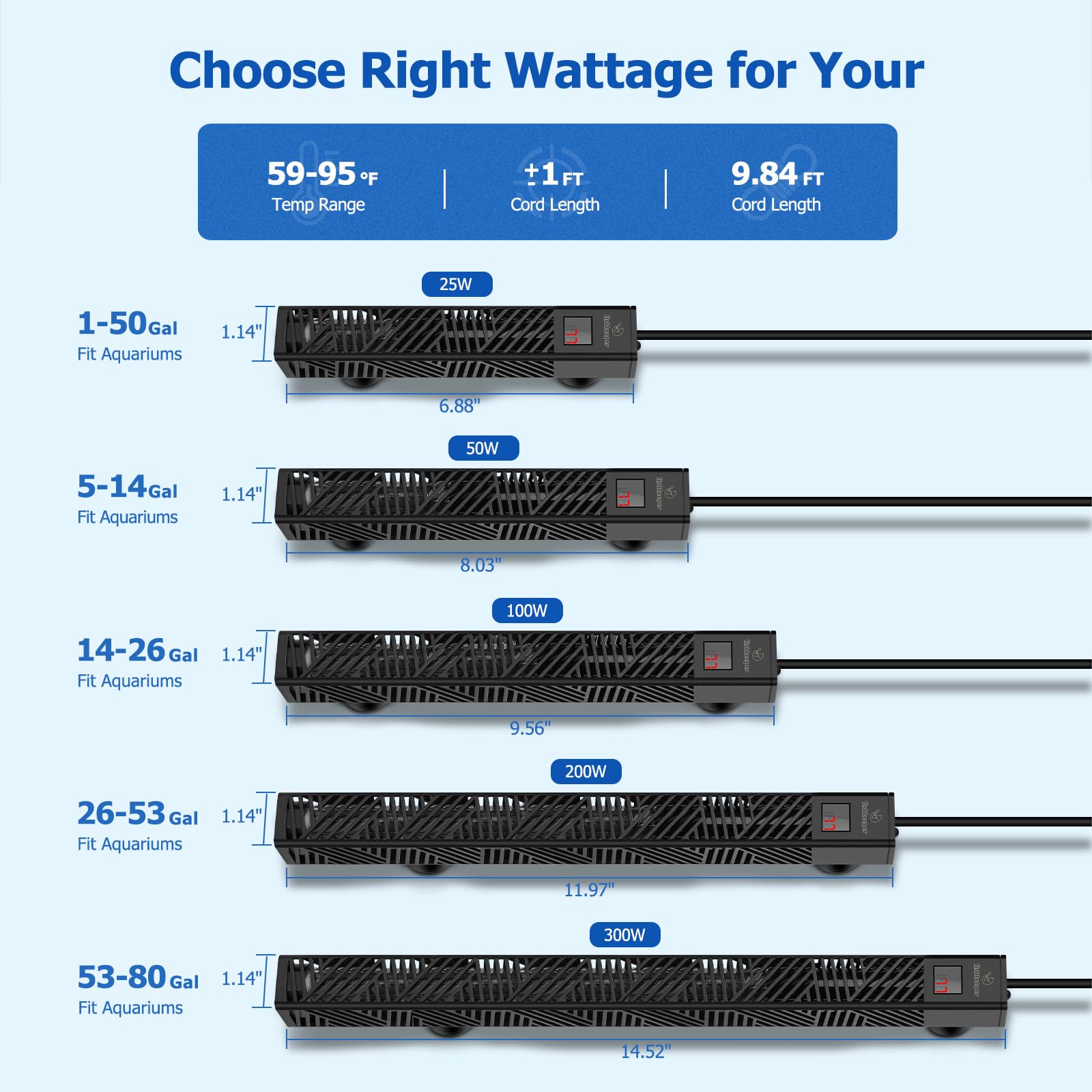 fishkeeper Chauffage d'aquarium submersible réglable de 25 W/50 W/100 W/200 W/300 W pour aquarium d'eau salée et d'eau douce avec affichage numérique LED et protection contre la surchauffe