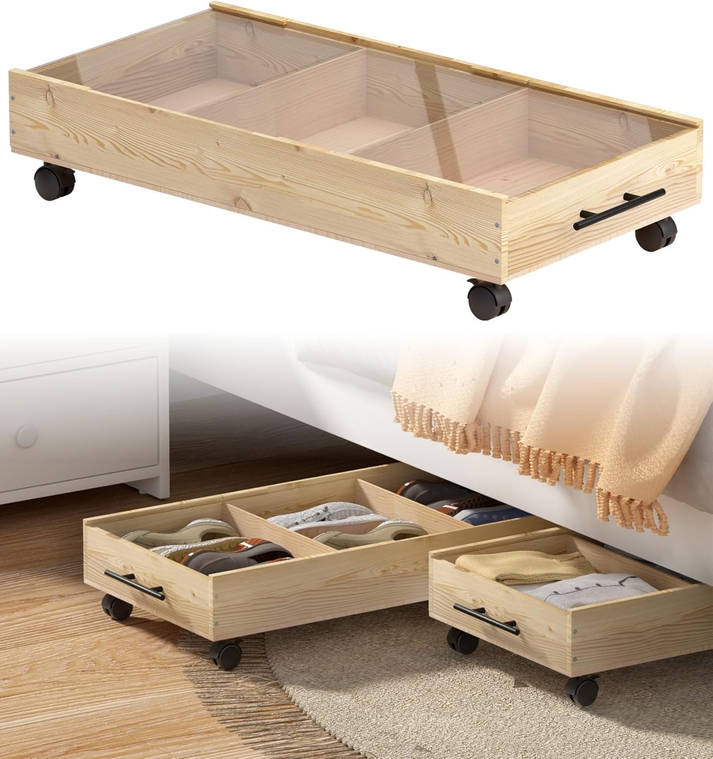 MIBYLEN 1Pack Solid Wood Under Bed Storage Drawer with