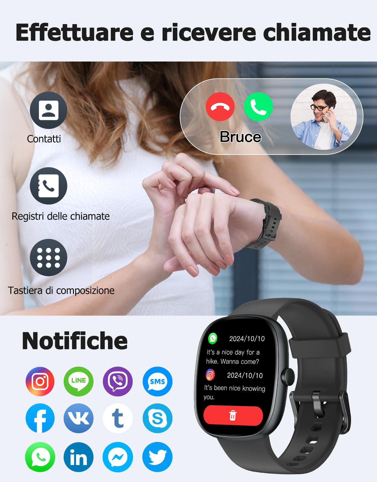 HUAKUA Smartwatch Uomo Donna con Chiamate Bluetooth Orologio Smartwatch con Contapassi Cardiofrequenzimetro da polso Saturimetro Orologio Fitness per Android iOS Orologio Sportivo Impermeabile IP68