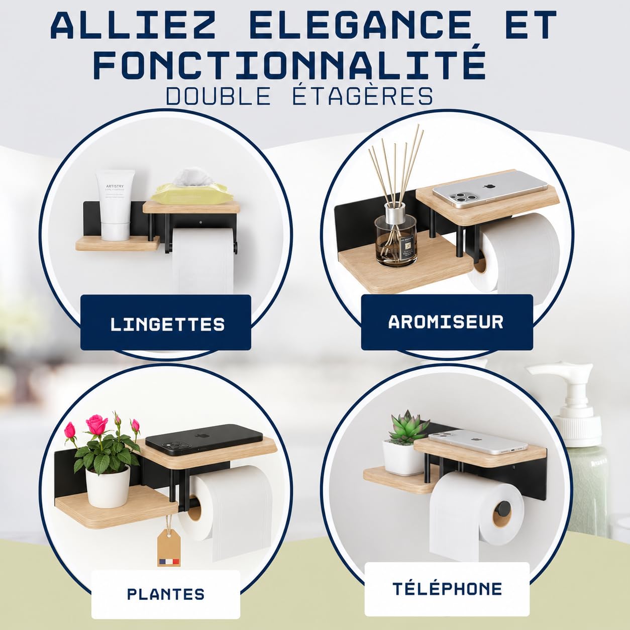 Porte Papier Toilette Mural de qualité supérieure en Bois de chêne Véritable et Acier Inoxydable | [sans Perçage] | Design Moderne | Déja Assemblé | Dérouleur WC avec Doubles Étagères