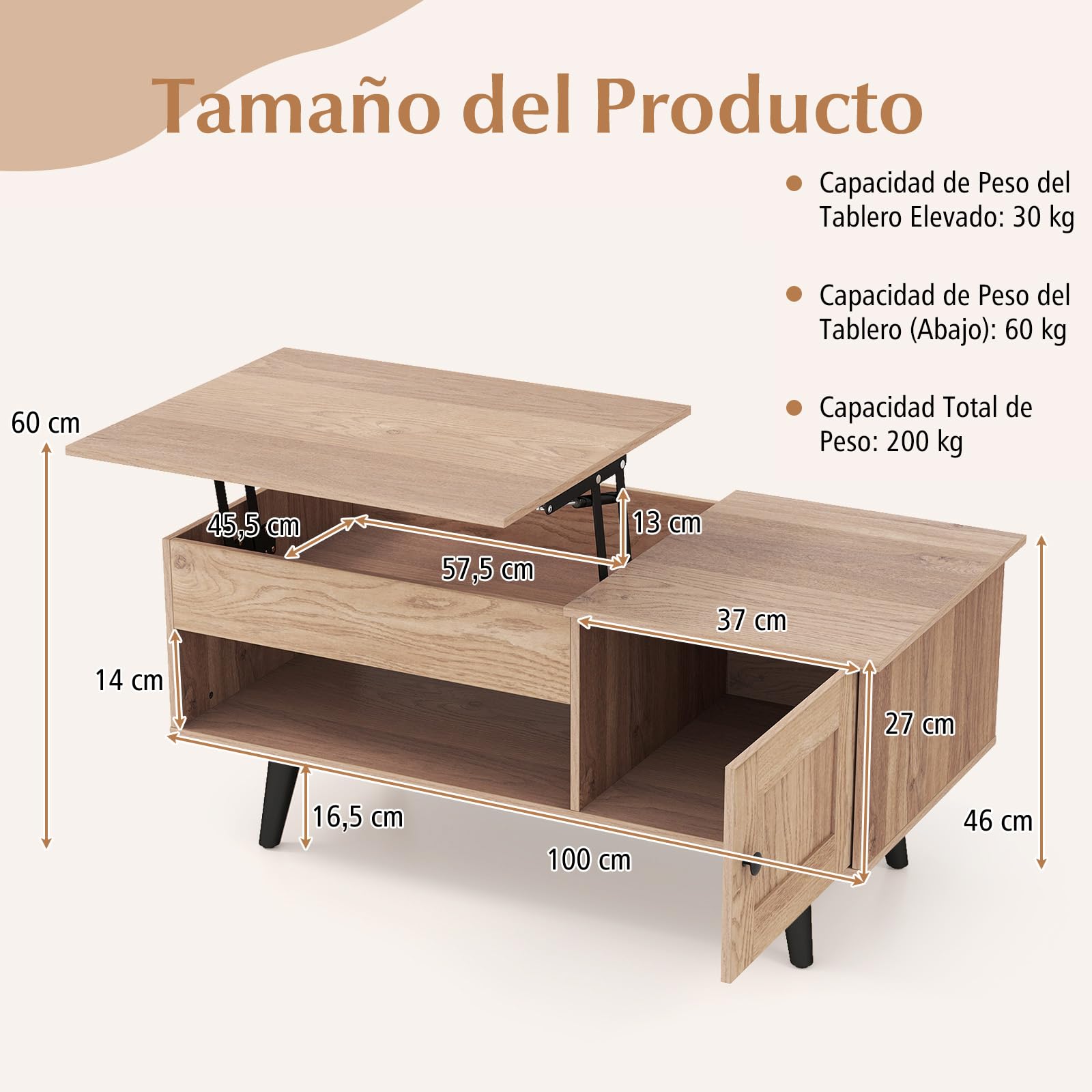 COSTWAY Mesa de Centro Elevable, Mesa de Café con Tablero Elevable, Gabinete, Compartimento Oculto y Estante Abierto, Mesita de Salón para Estudio y Oficina, 100 x 50 x 46-60 cm (Natural)