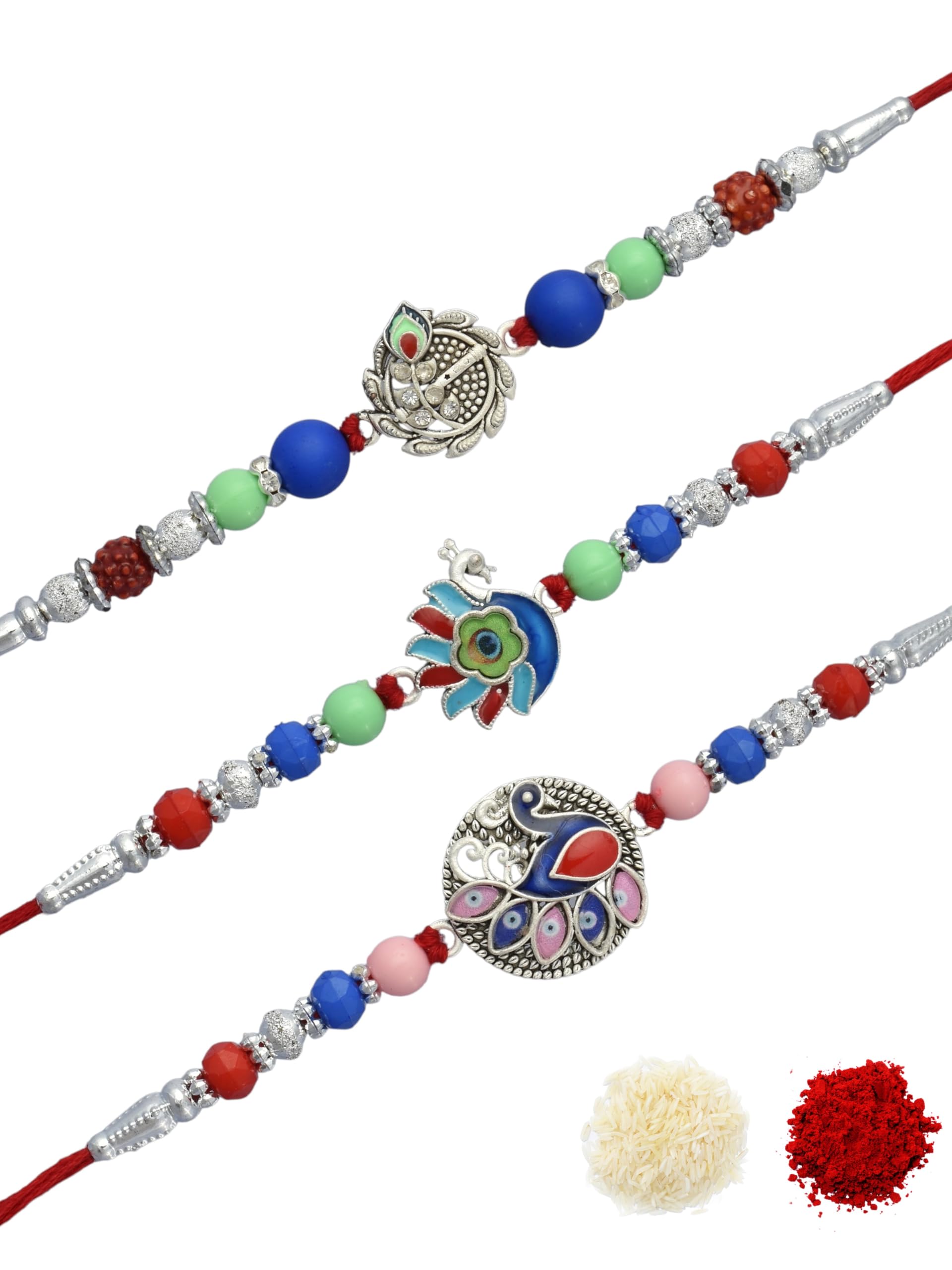 Premium Traditional Silver Plated Combo of 3 Cotton Thread Multi-coloured Beaded Festive Rakhi for Brother, Bhaiya, Bhai, Kids with Roli Chawal and Greeting Card for Raksha Bandhan-116-image-5