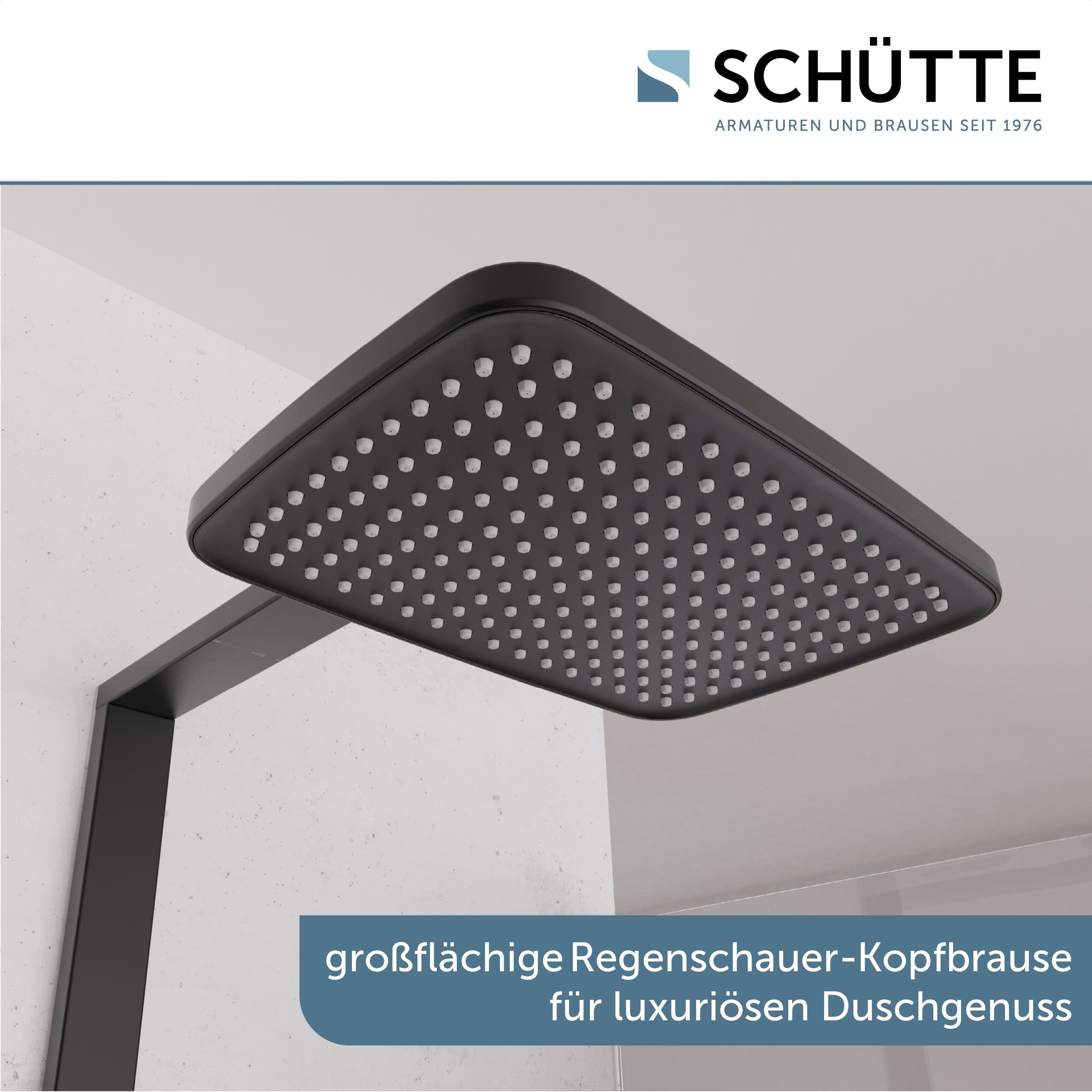 Schütte HAWAII Duschsystem mit Thermostat und Glasablage, Duschset mit 30x20cm Kopfbrause, Regendusche mit Wandhalterung und Duschkopf, Duschpaneel Duschsäule, Schwarz
