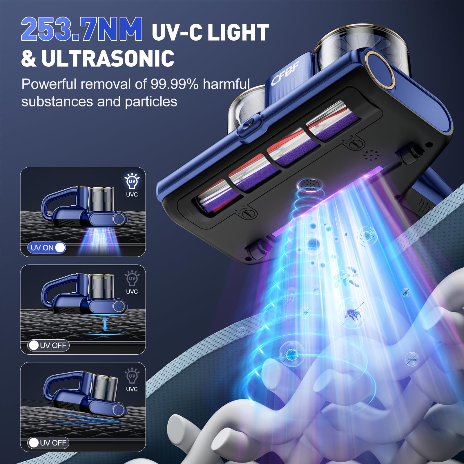 CFBF - 16 Kpa ssący materac próżniowy 253,7 nm światło UV-C, ultradźwiękowy i wysoko ogrzewany, 500 W potężny podwójny kubek ręczny odkurzacz do sierści zwierząt domowych, 16,4 ft z
