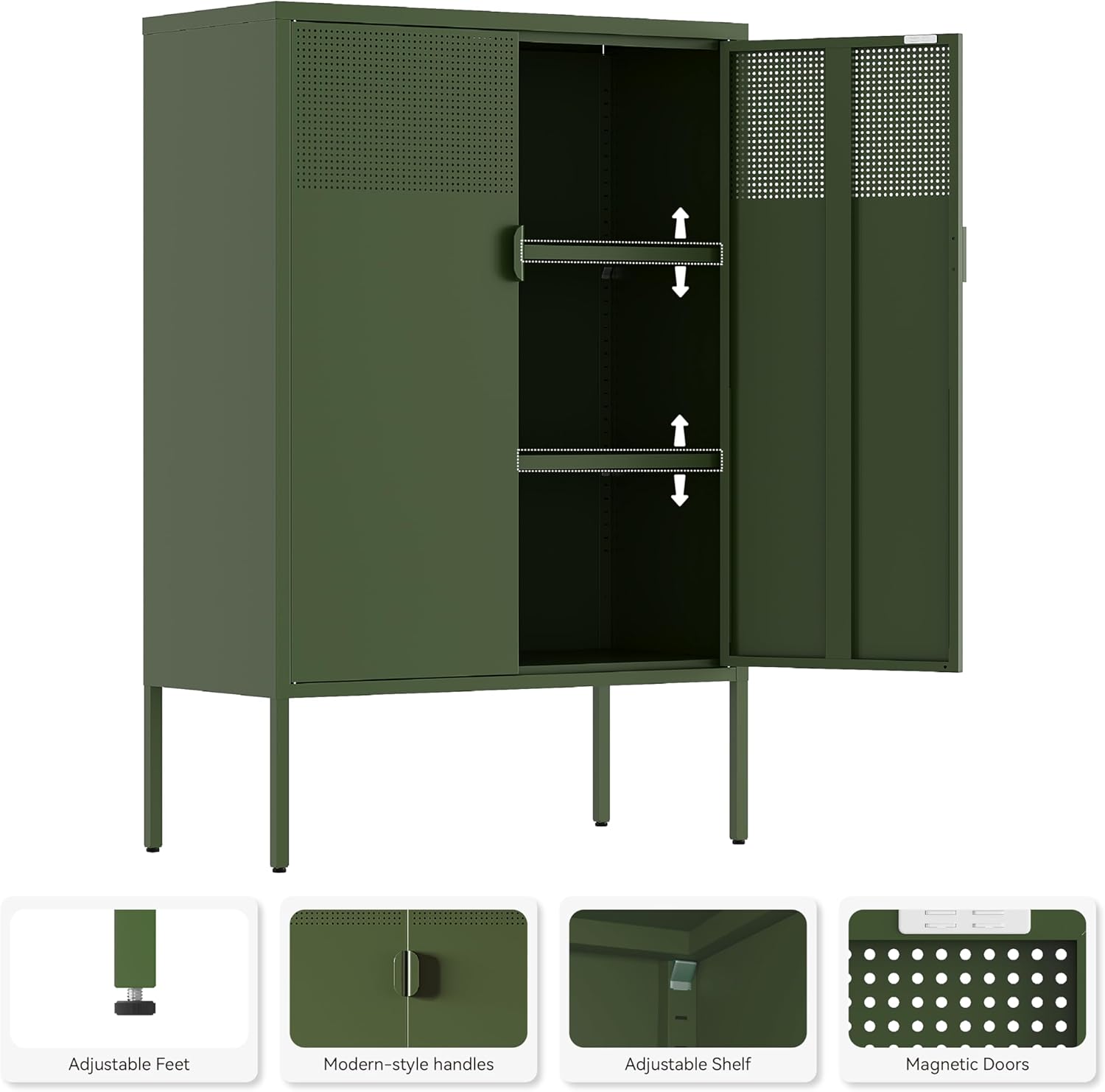 Metal Storage Cabinet,2 Door TV Stand, Metal Mesh Accent Cabinet,Magnetic Door Closure,Low Storage Cabinets with Doors and Shelves