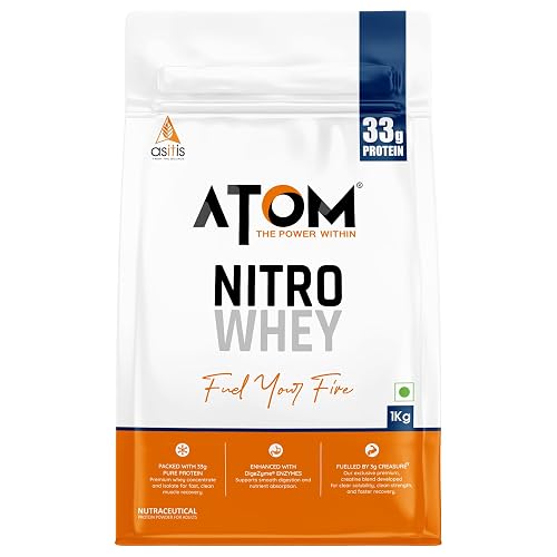 ATOM Nitro Whey with Creasure I 33g Protein, 3g Creasure, 7.4g BCAA I Muscle Building & Fast Recovery Formula I Performance Booster I 1 Kg, Classic Vanilla