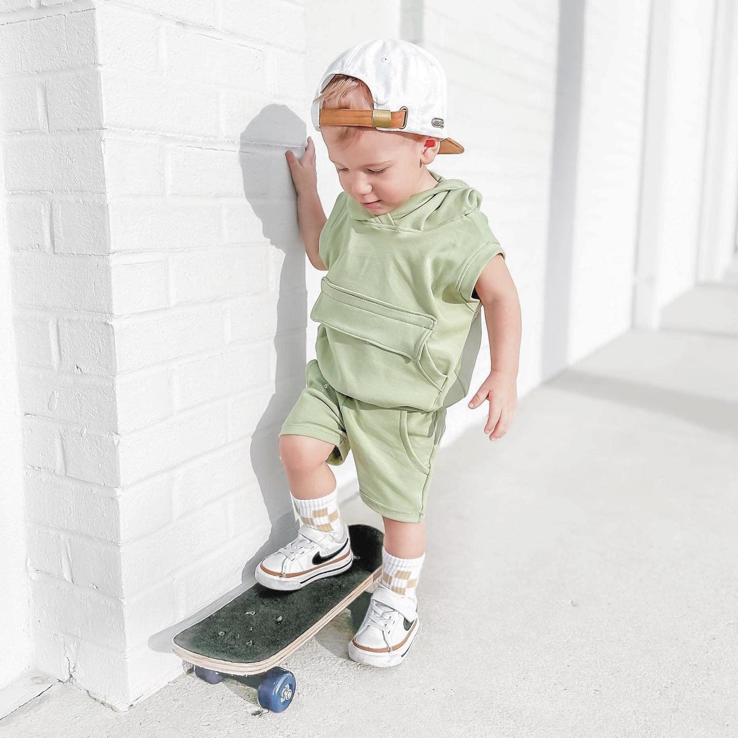 Ynibbim 2pcs Toddler Boy Summer Clothes Infant Baby Casual Hooded Sleeveless Vest Tops Drawstring Shorts Outfits (A - Solid Green, 2-3T)