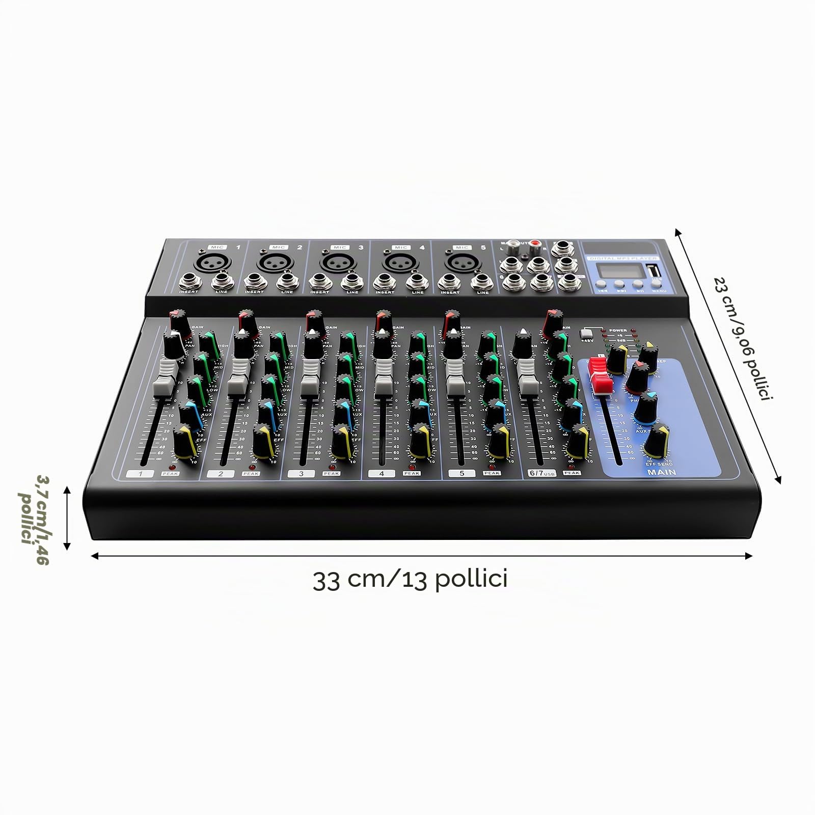 Mixer, mixer audio a 7 canali, mixer audio DJ professionale a 7 canali, telaio in metallo, 6 equalizzatori di stili musicali, alimentazione phantom da 48 V, karaoke/registrazione/live, compatto 33 cm