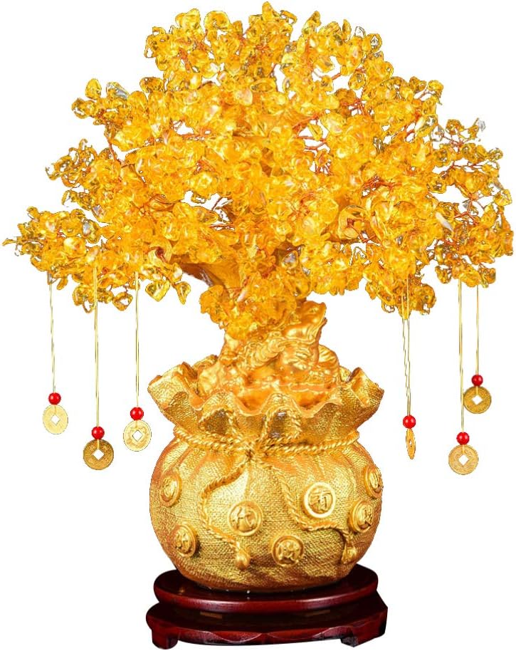 Citrine Money Tree 1Pcs 19cm Natural Crystal Money Tree Bonsai Style Lucky Tabletop Decor Rich for Home Office Store (with Gold Coins and Base)