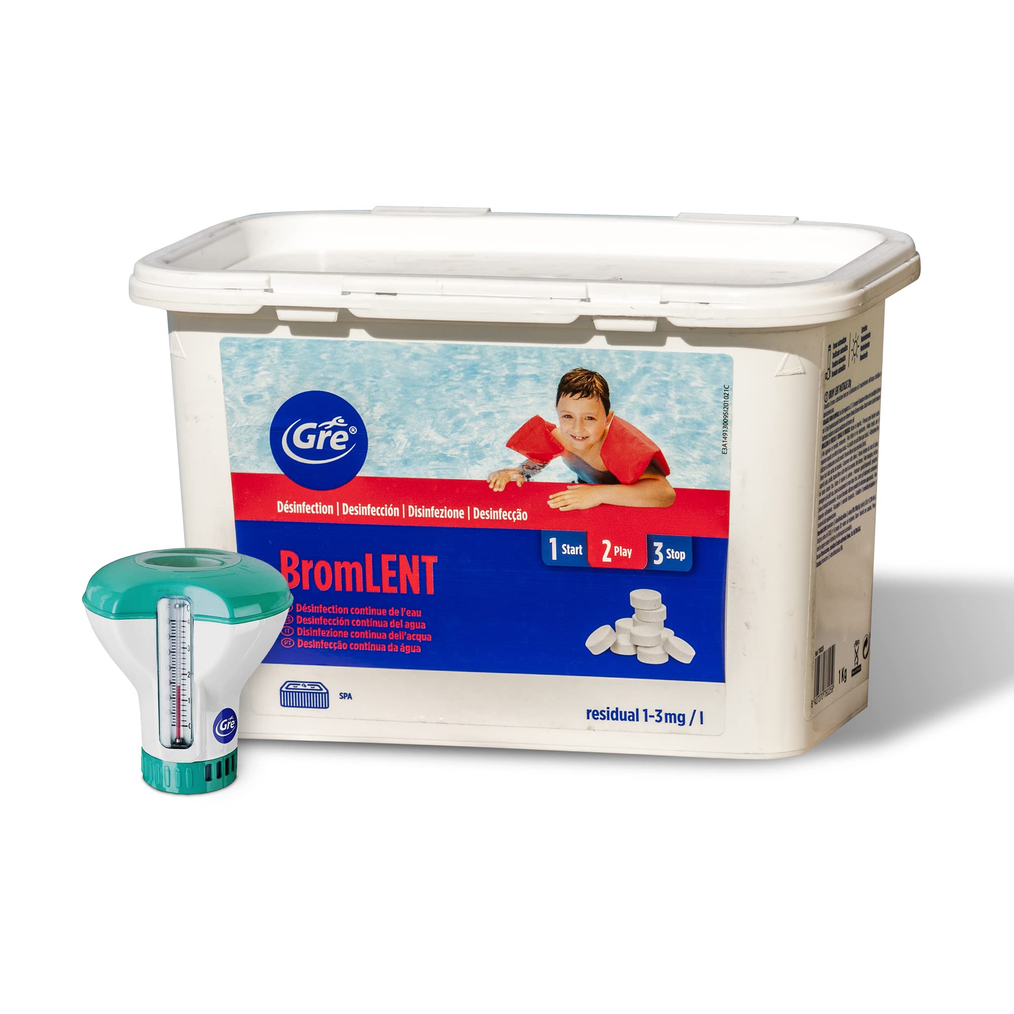 Gre 76025 - Brom Lent, Bromo in pastiglie da 20gr + Dos. Galleggiante - 1Kg | Bromo in pastiglie da 20gr con Dosatore Galleggiante con Termometro, per Piscina e Spa