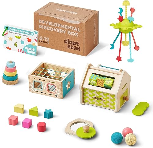 Miniatura 8 de Juguetes Montessori para bebés de 6 a 12 meses, 6 en 1 juguetes de aprendizaje de educación temprana de madera con dentición sensorial, caja de