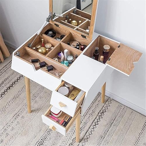 Miniatura 5 de ACIYD Muebles de dormitorio de lujo, juego de mesa de tocador, mesa de maquillaje con espejo abatible, madera de goma maciza, banco de tocador para