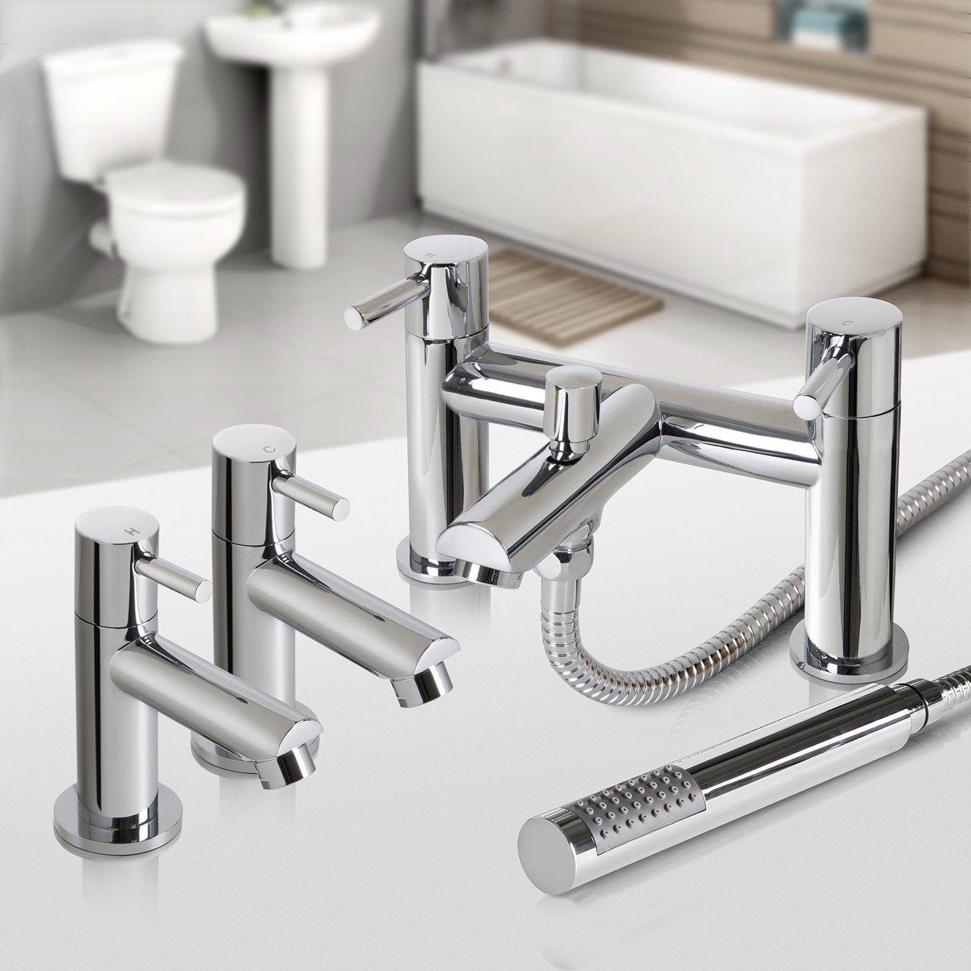 Ibathuk Chrome | Pair Of Hot And Cold Basin Sink Mixer Taps Bath Filler With Shower Head Set Tp32012