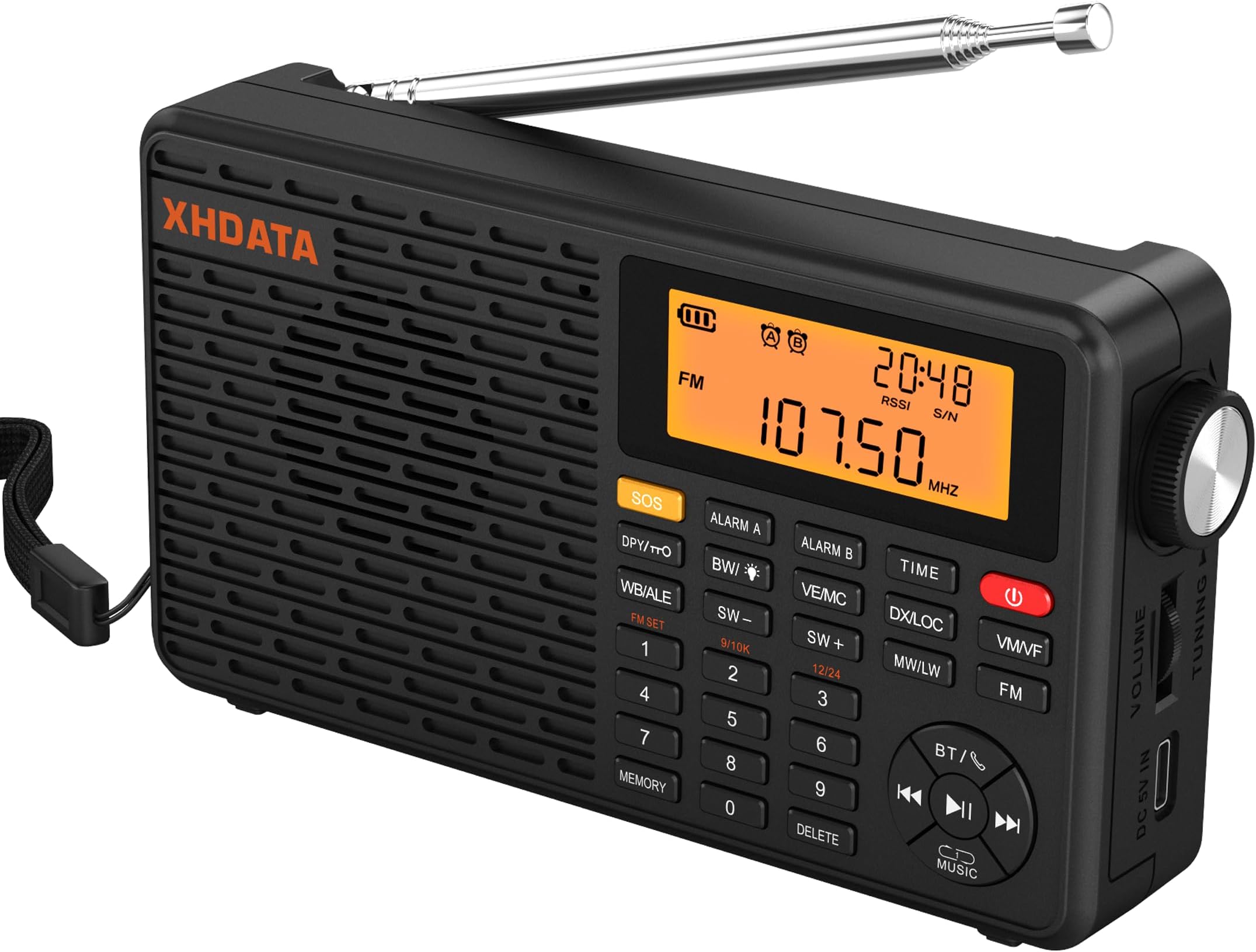 D109WB Portable Rechargeable Emergency Shortwave Radio Receivers with SOS Alarm FM/AM/LW Radio Mains or Battery Powered Dual Alarms Clock Headphones Output TF/Bluetooth MP3 Player