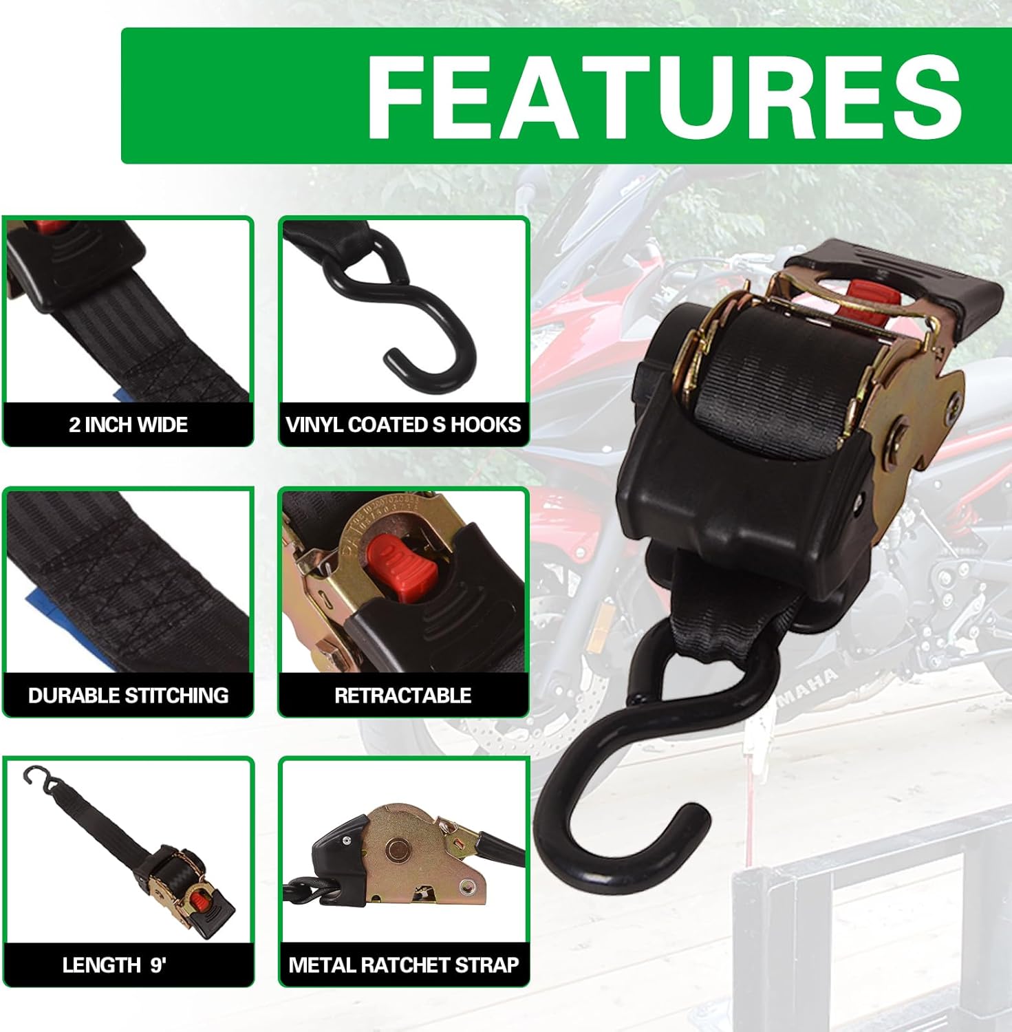 MOTO4U 4PCS Bolt on Retractable Ratchet Straps Heavy Duty Transom Tie Down Straps (2" x 9') AutoRetract Marine Strap with Bolt Set for Boat ATV Trailers 3000LBS/1360KG