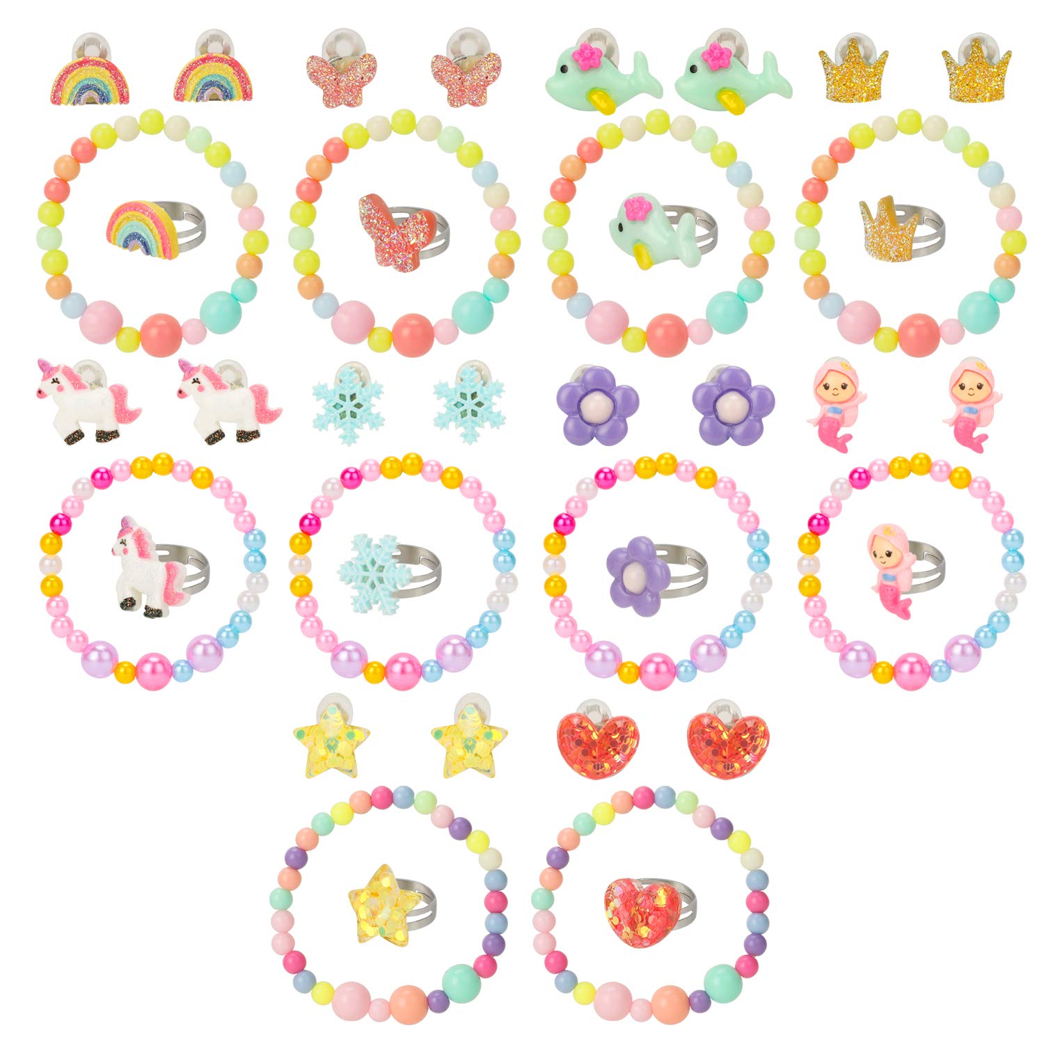 Bagues Boucles d'oreilles clip Bracelet 30 pièces Licorne sirène papillon Princess bijoux set fête Accessoire