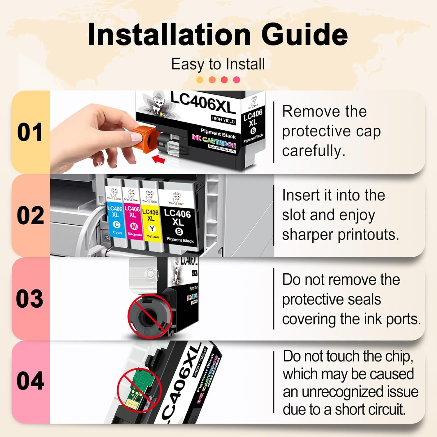 Miss Deer LC406XL Ink Cartridges for Brother Printer, Compatible Replacement for Brother LC406 XL LC 406 for MFC-J4335DW MFC-J5855DW MFC-J6955DW MFC-J6555DW MFC-J4535DW MFC-J5955DW 4-Pack (BK/C/M/Y)