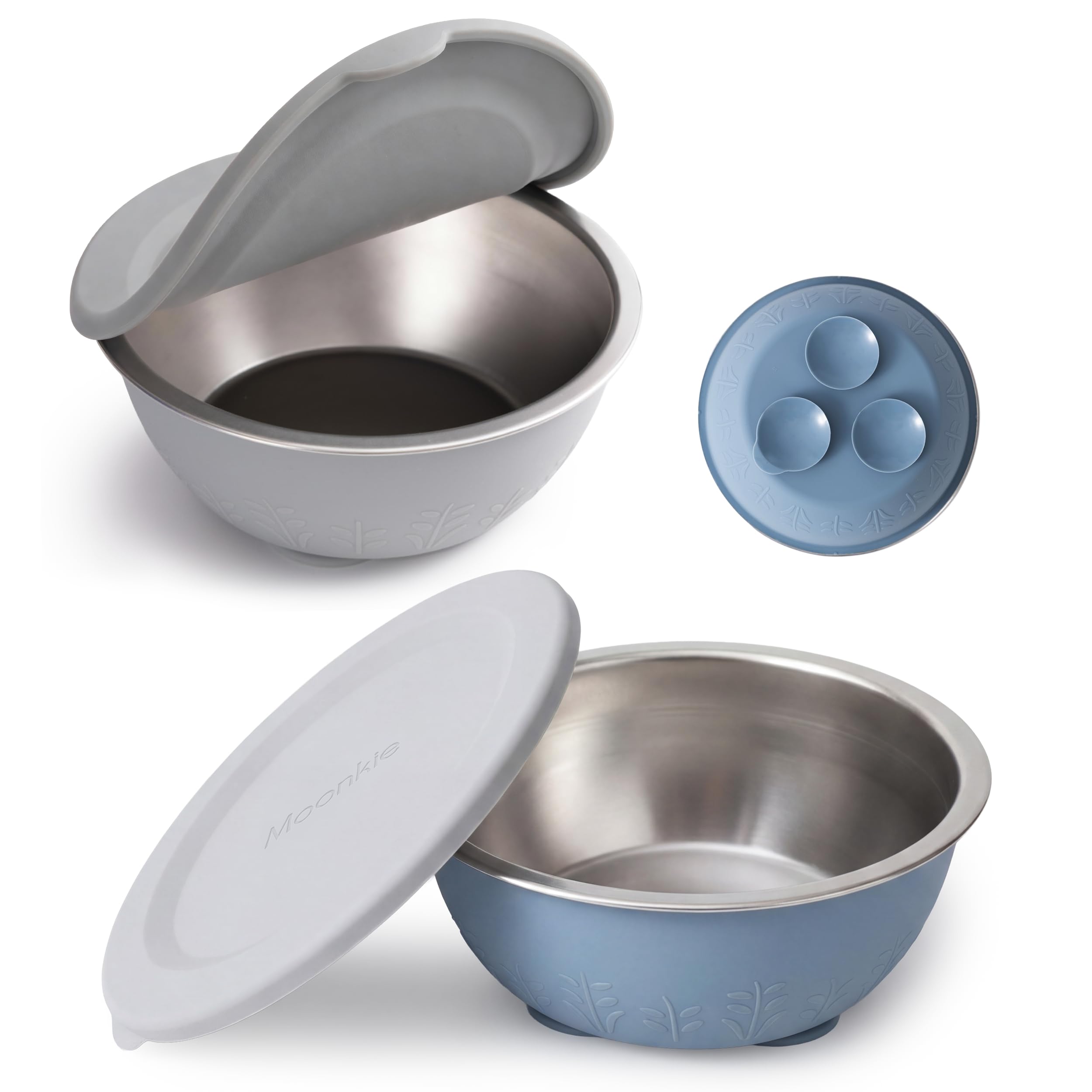 Moonkie Stainless Steel Baby Bowls with Silicone Lids & Suction Base | Seamless One-Piece Design | BPA-Free | 13oz | Dishwasher Safe | Weaning Essential for 4M+ | 2 Pack (Light Grey/Ether)