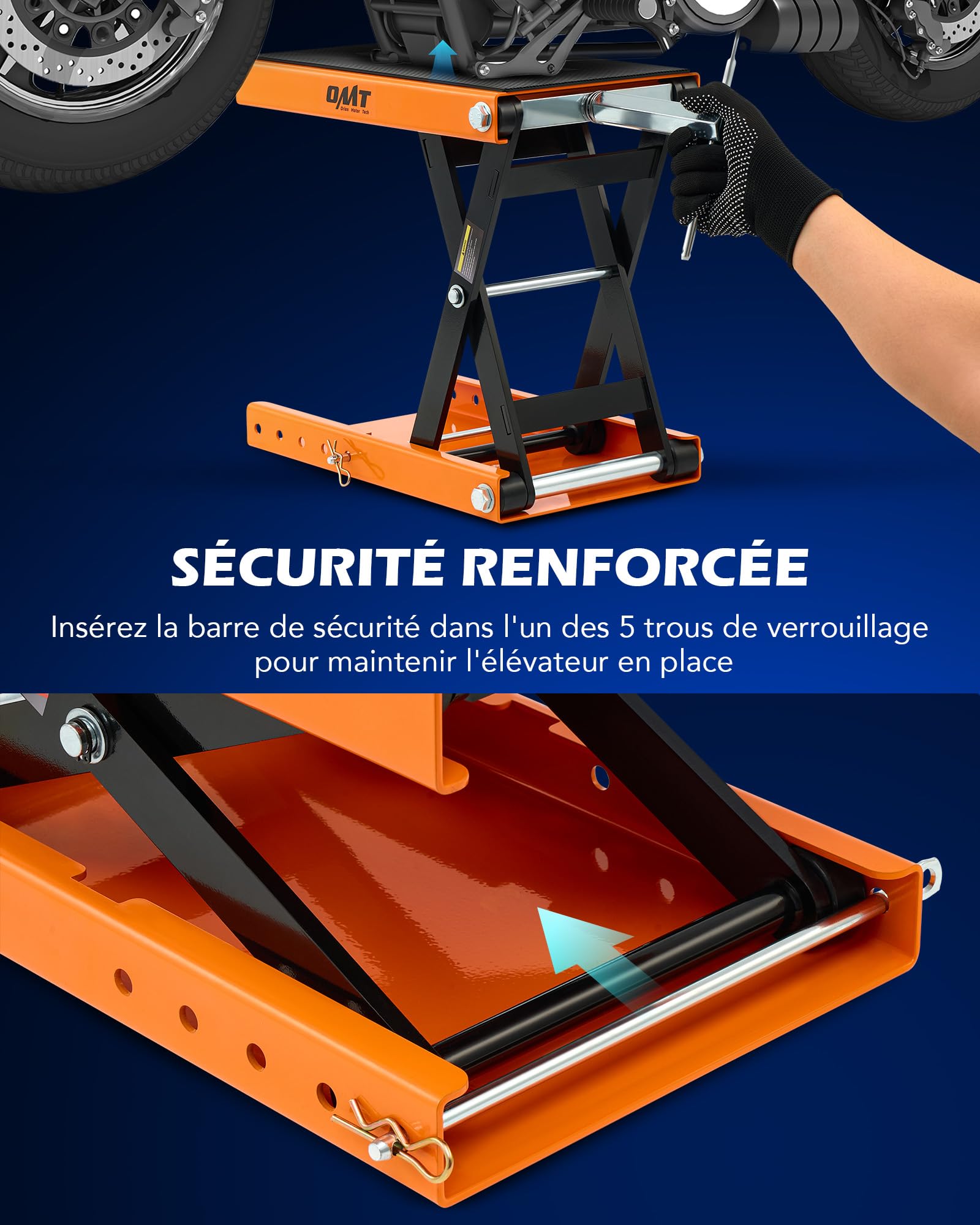 Orion Motor Tech Cric à Ciseaux pour Motos Capacité 500kg Hauteur de Levage 9,5-37 cm Support de Plateforme Élévatrice Caoutchouc Antidérapant, Entretien pour Motos VTT Scooter Touring Cruiser, Orange