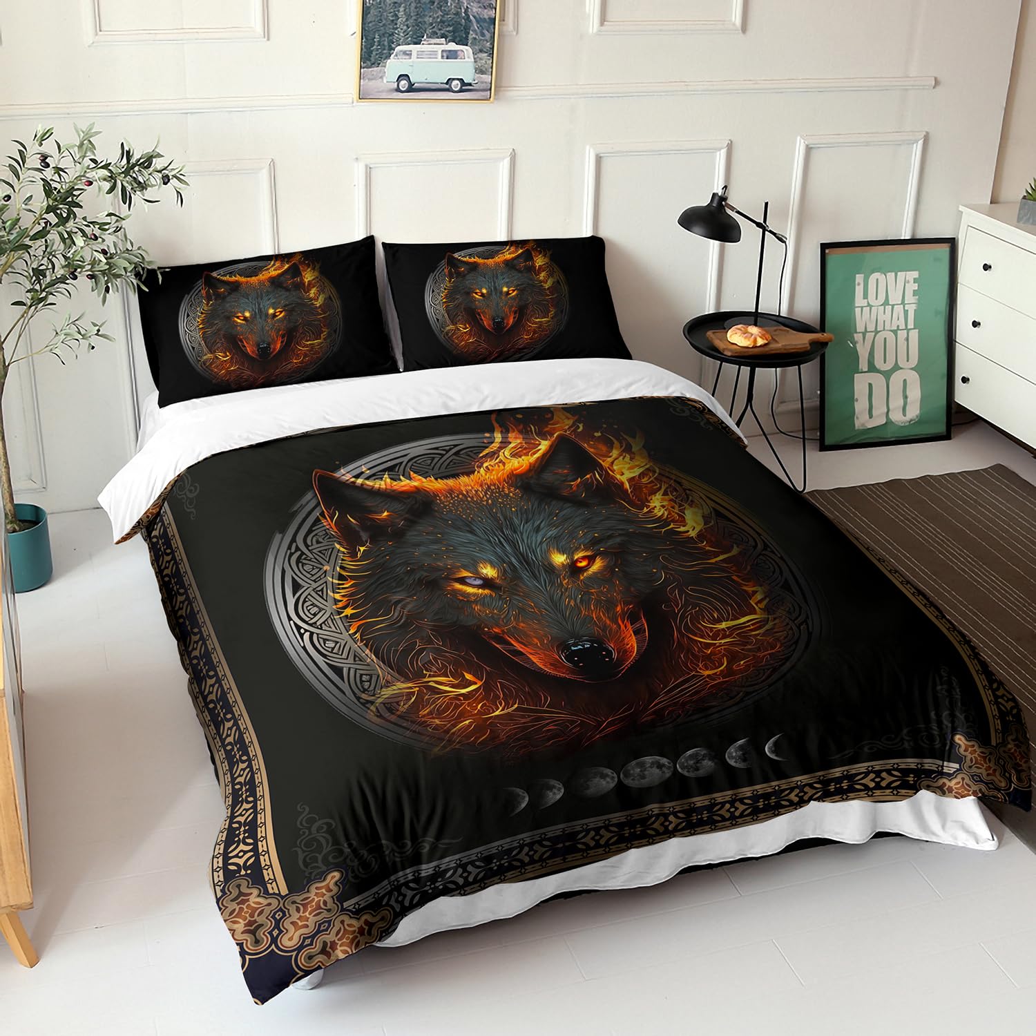 AILONEN Wolf Duvet Cover Set Queen Size, Wolf Dream Catcher Bedding Set for Kids Boys,Safari Animals Printed Galaxy Wolf Comforter Cover,Boho Style Duvet Cover,1 Quilt Cover and 2 Pillowcases,3 PCS