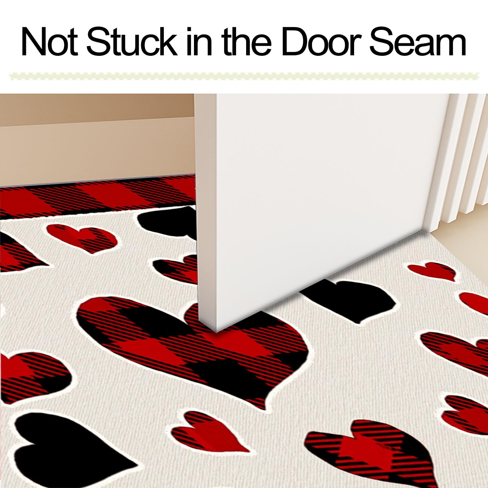 Schmutzfangmatte Innen, Retro-Büffelkaro-Herz Waschbarer Fussmatte, Dünne Fussmatte, Geometrisches Land Teppiche Niedriger Flor rutschfest Für Flur Eingangsbereich, 90X150Cm, Rot Schwarz