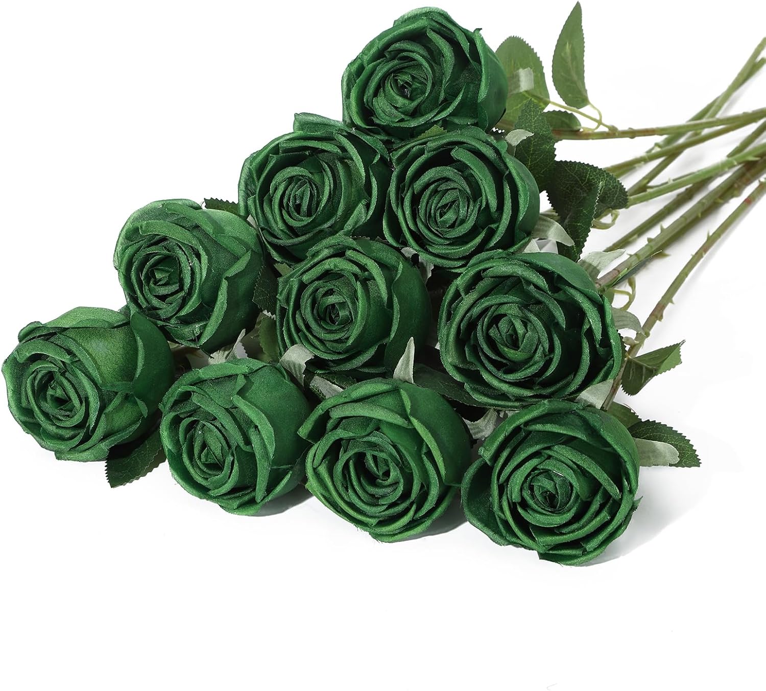 10 Pcs Fake Roses, Artificial Silk Rose Flowers with Long Stems,Realistic Faux Roses for Vase Home Wedding Table Centerpieces Baby Shower Decor (Dark Green)
