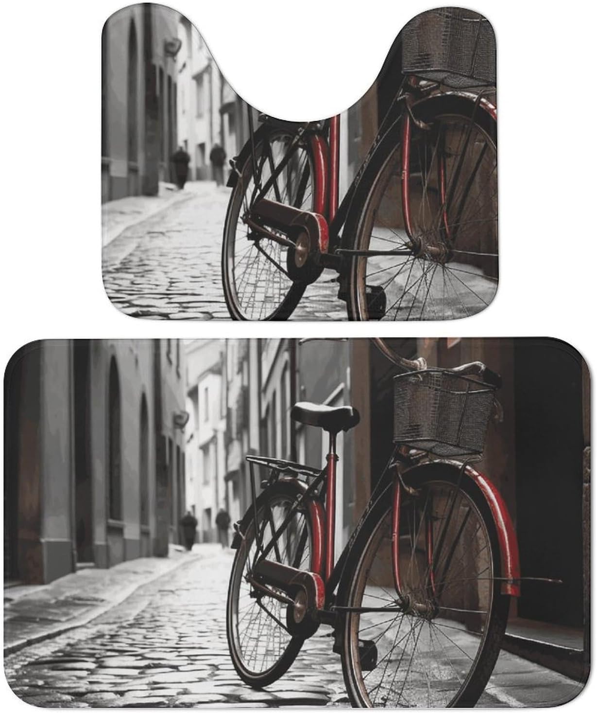 Bath Mat Set 2 Pieces Coral Velvet Bath Rug Non Slip Absorbent Microfiber Bathroom Rugs Quick Dry U-Shaped Toilet Rug Street Bicycle Bathmat Washable Soft Carpet